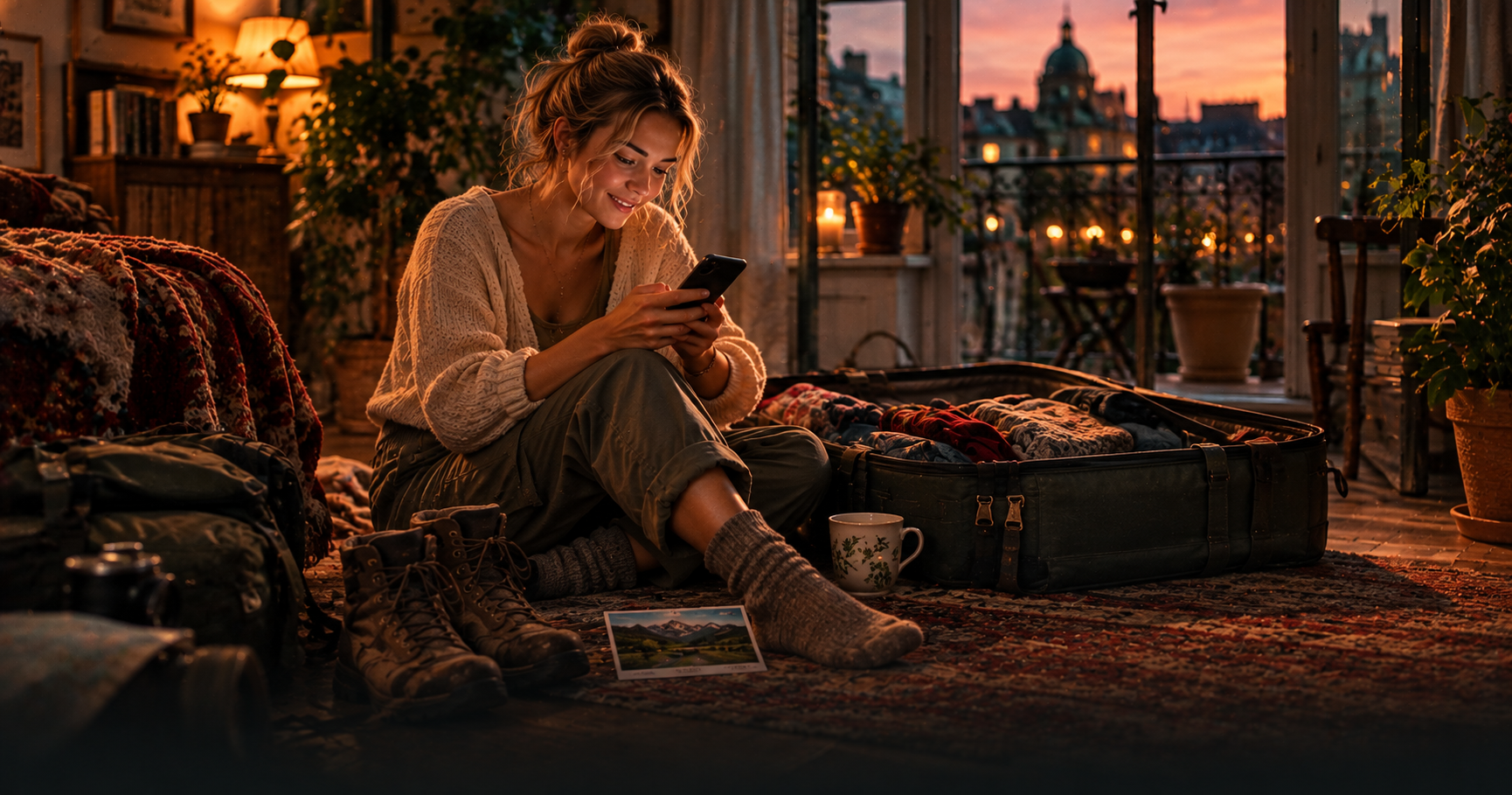 A young woman just back from a holiday sits on the floor of her small flat next to an open suitcase and writes a message on her phone, a pair of muddy walking boots and a postcard of green mountains next to her, a cup of tea, evening city lights outside the window