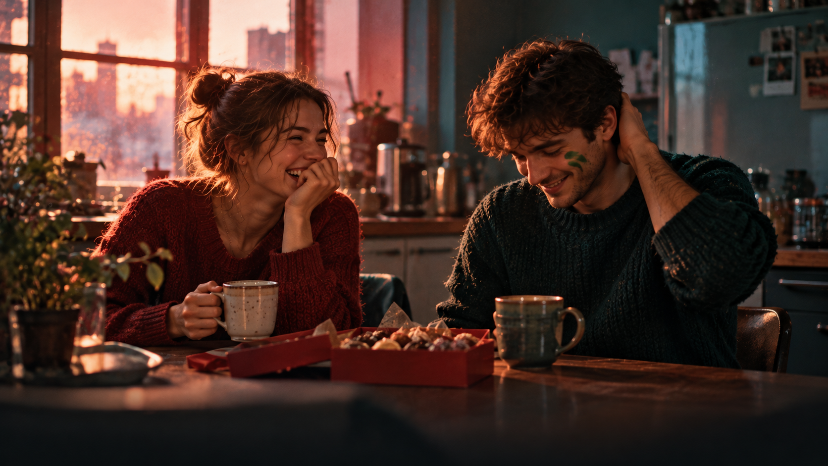 A young woman and a young man talk in the small kitchen of an office on the morning after a public holiday: she laughs, he has a little green face paint still on his cheek, a box of sweets on the table, warm coral-red light from the window and deep dark-teal shadows
