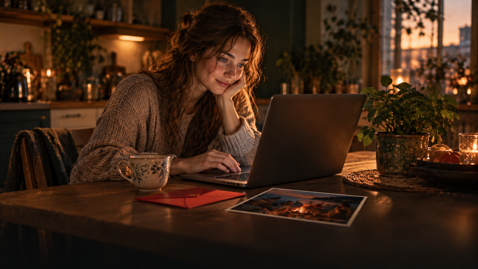 A young woman writes a long message on her laptop at a kitchen table the evening after a public holiday, next to her a small red envelope, a photo of friends round a fire on a beach and a cup of tea, soft sand-gold light and deep green shadows