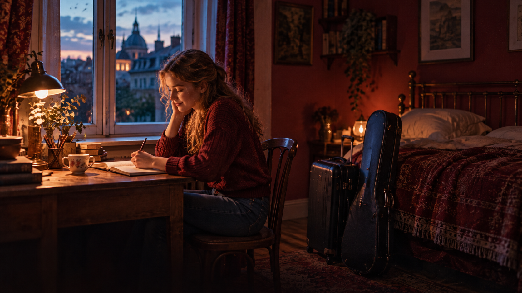A2 Chapter 4 Lesson 6 Introducing yourself grammar — a young woman sits at a wooden desk by the window of a small rented room and writes a short introduction about herself in a notebook, a violin case and a suitcase next to the bed, a cup of tea on the desk, warm evening light and soft blue shadows