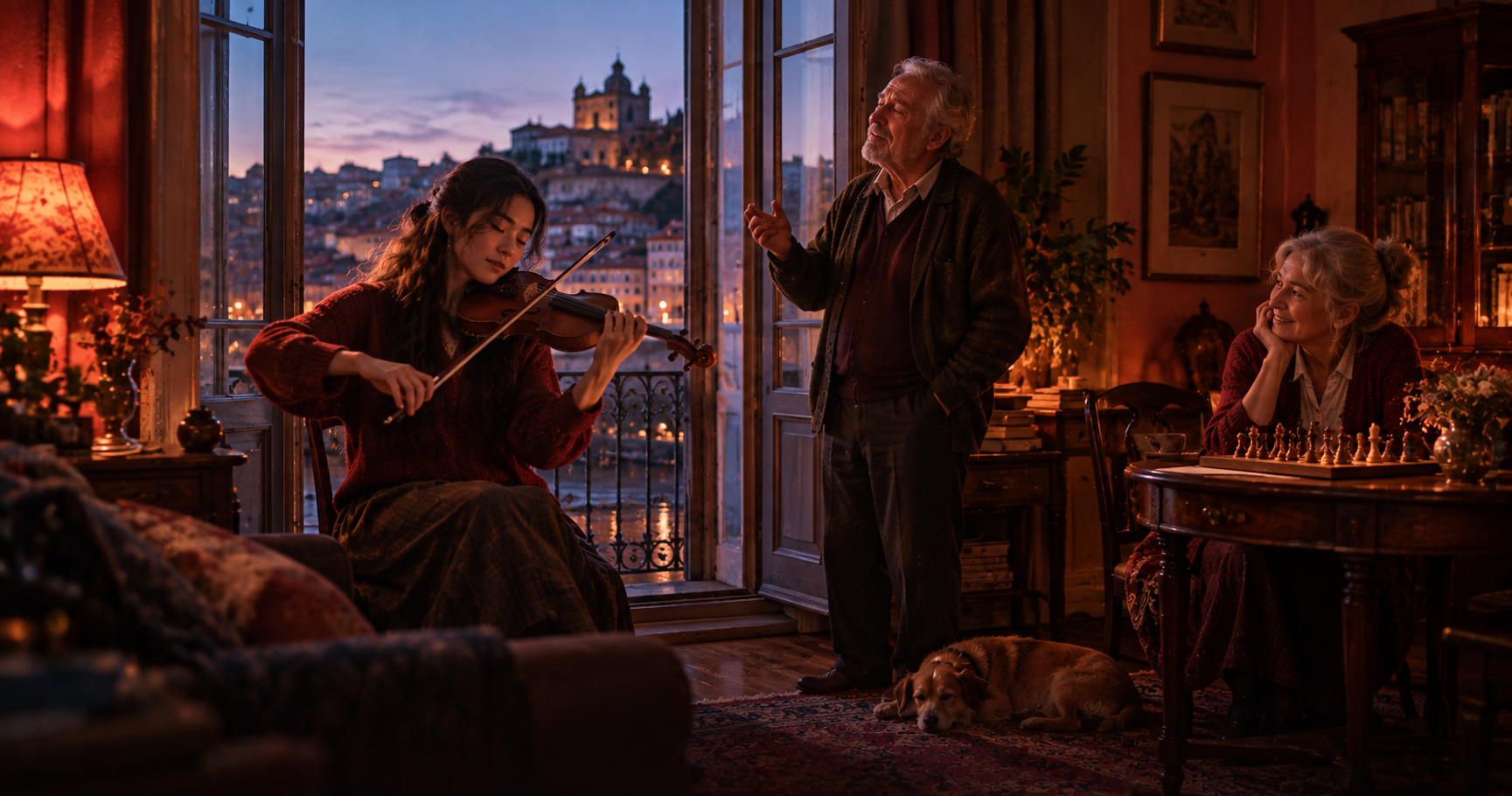 Evening in an old flat in Porto: a young Japanese woman plays the violin by the window, an old man with grey hair listens with wet eyes and helps her, a retired woman smiles at a little table with a chess board, a small brown dog sleeps on the rug; warm coral lamp light and deep plum shadows