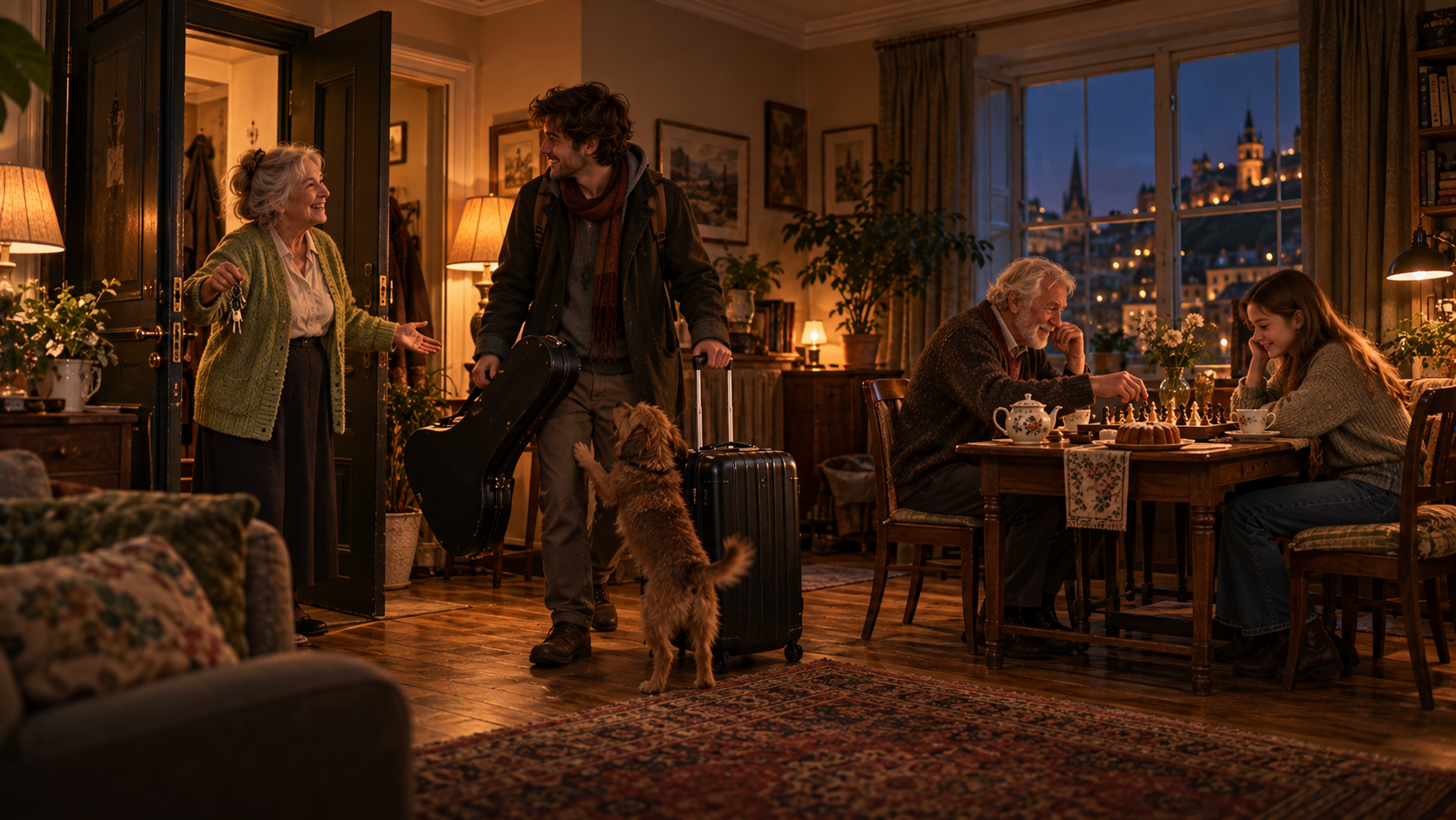 A2 Chapter 4 Lesson 6 speaking — evening in the living room of an old city flat: at the open door a retired woman with grey hair holds a set of keys and welcomes a young man with a suitcase in one hand and a guitar case in the other, a small brown dog jumps happily at his feet, by the window an old man and a teenage girl play chess at a little table, a teapot and a cake on the table, city lights outside the window