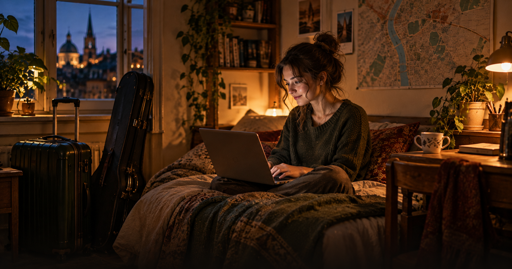 A young woman with a violin case next to her sits on her bed in a small room and writes an introduction about herself on her laptop for a home stay website, a suitcase, a map of Dublin on the wall and a cup of tea on the desk, evening light from the window