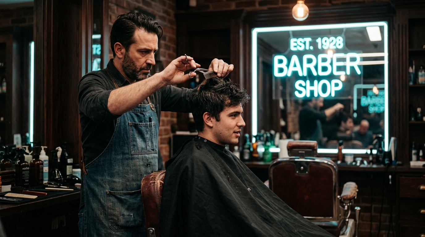 B1 Lesson 1 What do you do grammar — a barber in a warm, dimly lit barbershop mid-motion cutting a customer's hair, scissors raised, a teal neon sign glowing softly in the background