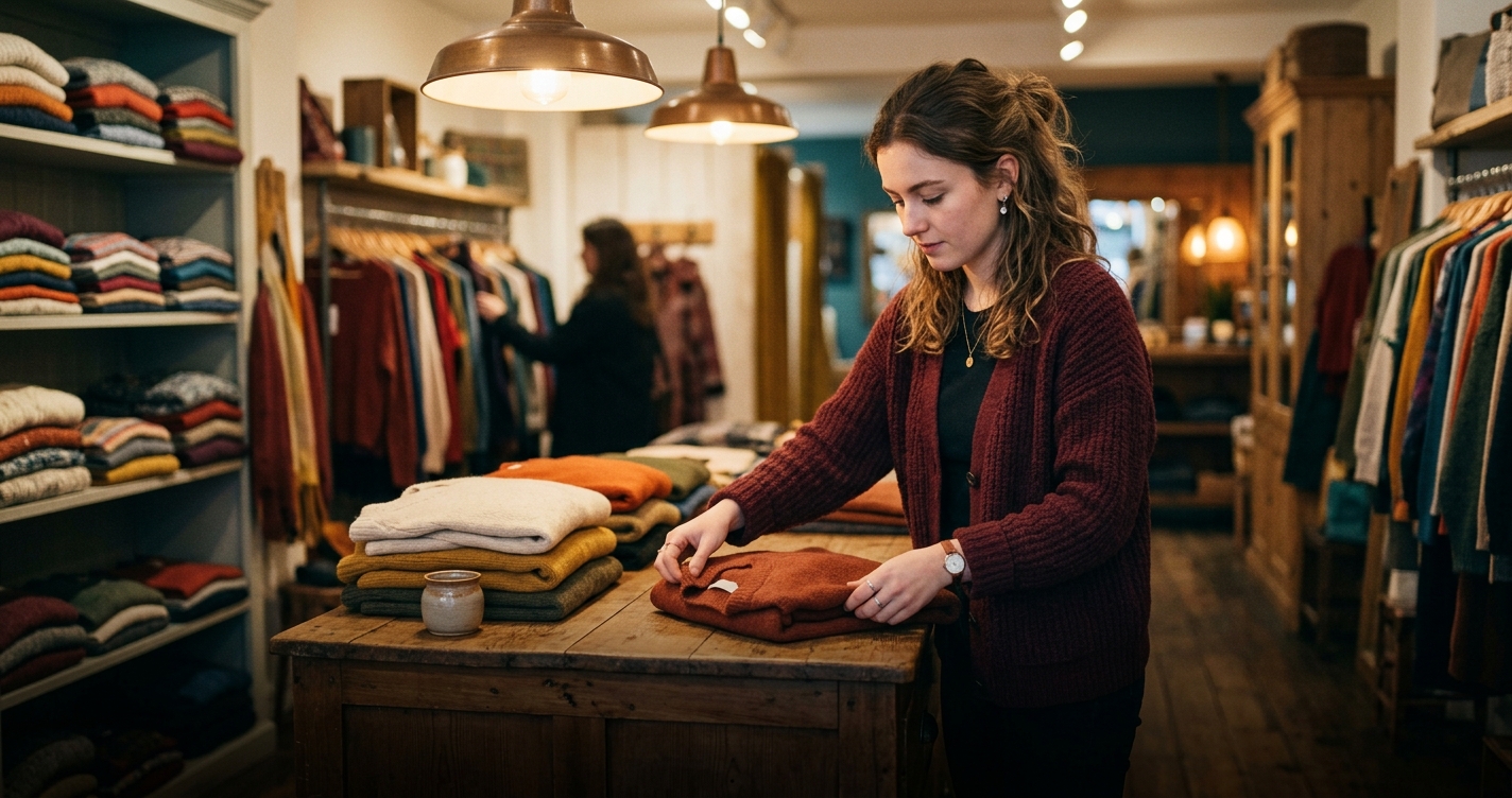 A young shop assistant in a small clothing boutique folding clothes and smiling at a customer, warm evening light through the shop window