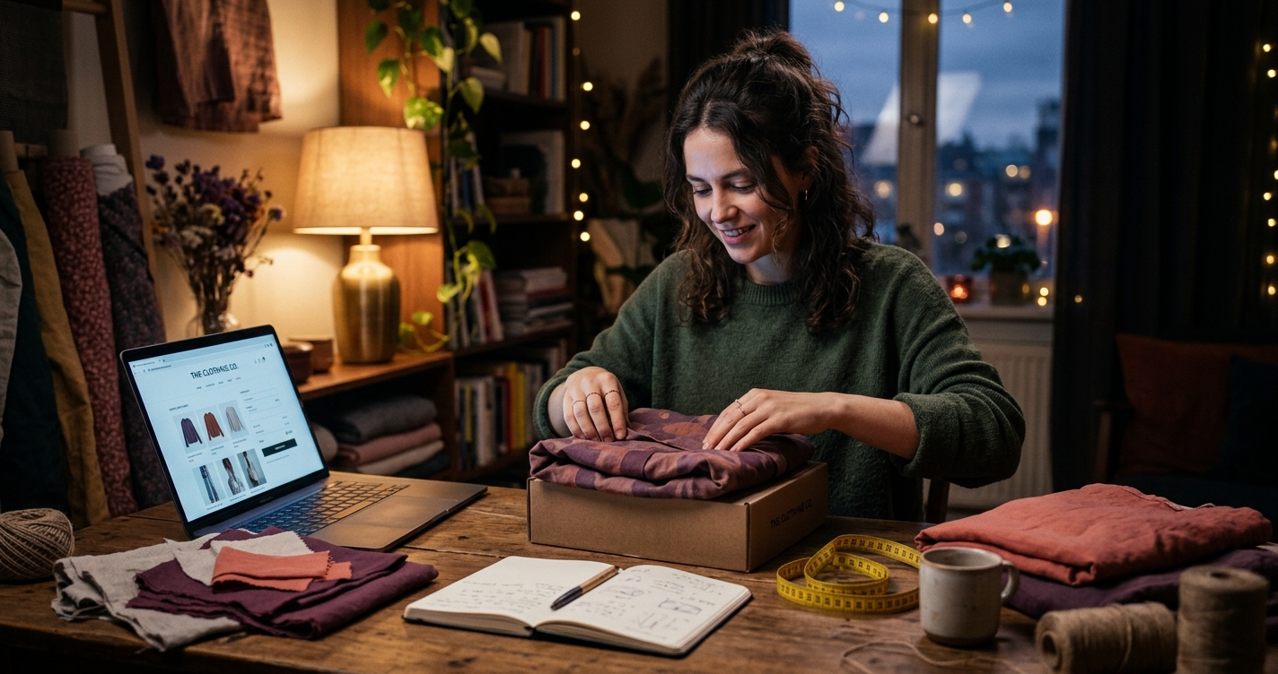 A young entrepreneur packs an online clothing order at a home desk covered with fabric samples, warm lamp light and a laptop showing a small shop website glowing beside her in the evening
