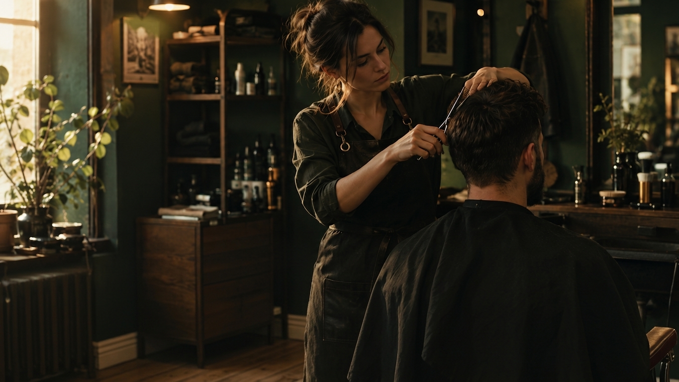 A hairdresser in a small city barbershop carefully trims a client's hair with scissors, warm afternoon light through the window, shelves of styling tools softly blurred behind them, the bottom of the frame left dark and empty