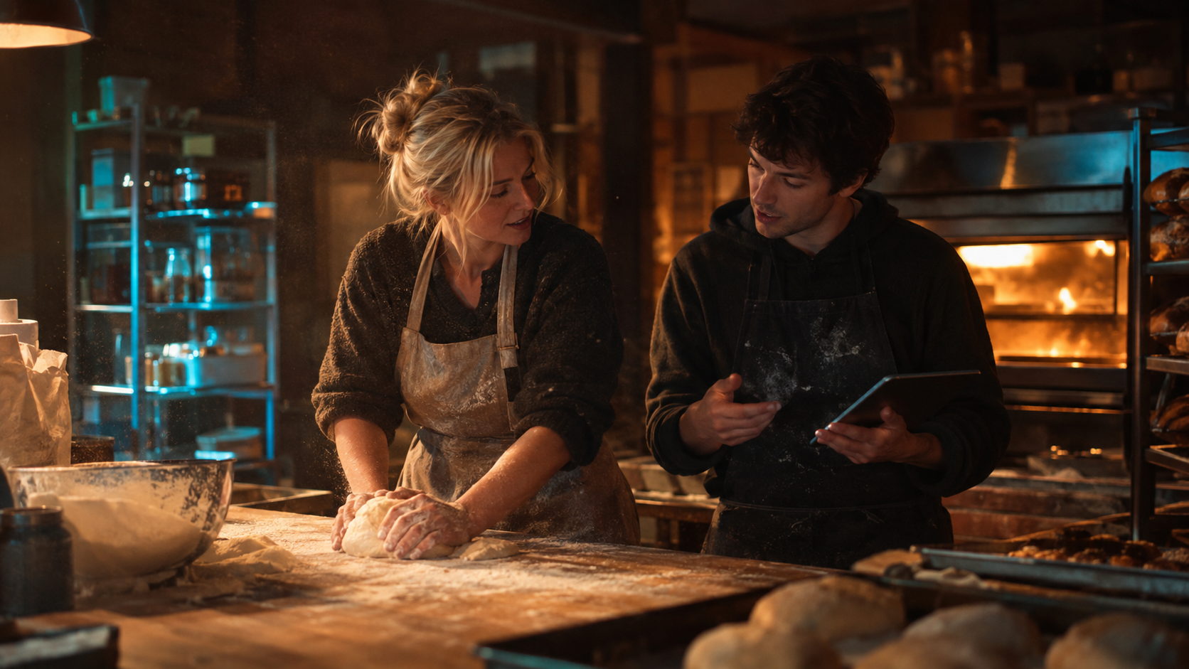 B1 Lesson 2 Where do you work grammar — a small bakery owner and her co-worker working together late in the evening, warm oven light glowing behind them, flour dust hanging in the air
