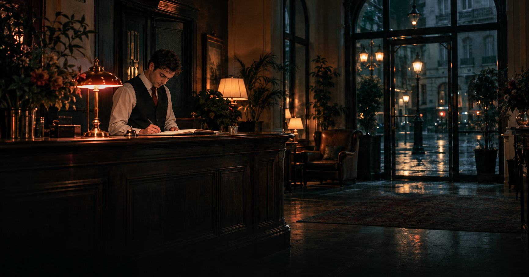 A young hotel receptionist on the night shift behind a wooden front desk in an old city-centre hotel lobby, a brass desk lamp glowing, an empty lobby and a dark street behind the glass door