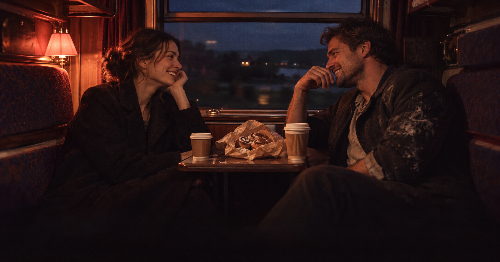 A young nurse and a tall baker with flour on his sleeve talk across a small table in a dimly lit night-train compartment, a paper bag of cinnamon rolls between them and dark countryside outside the window