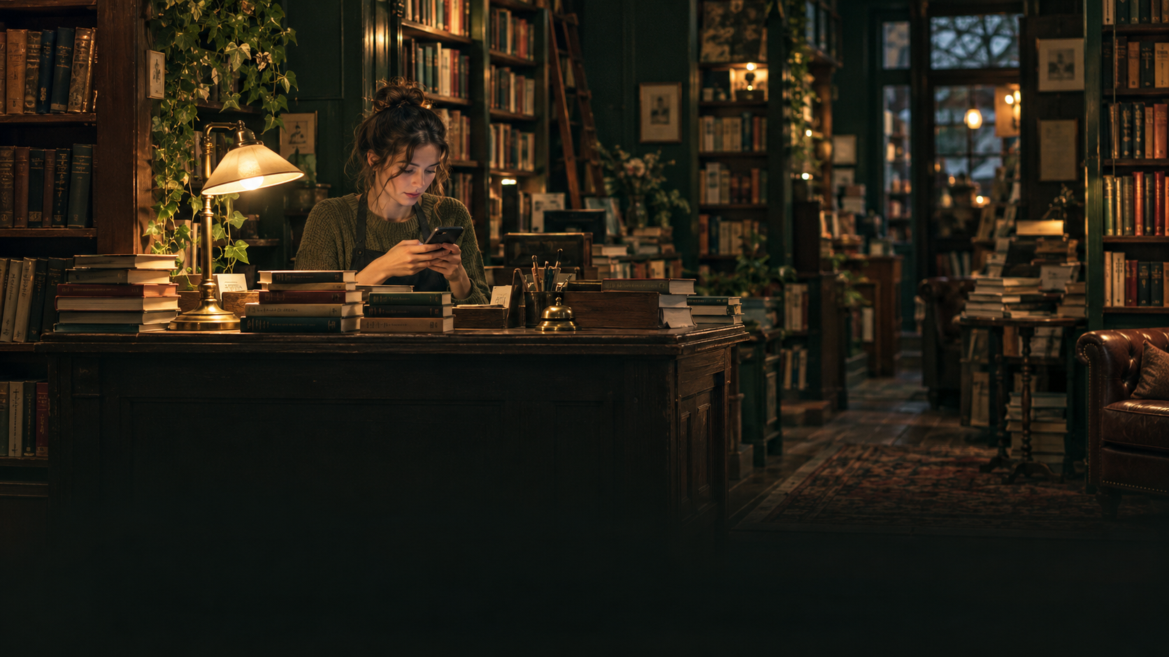 A young woman sits behind the wooden counter of a small old bookshop, typing a message on her phone between customers, warm lamp light on stacks of books, the bottom of the frame left dark and empty