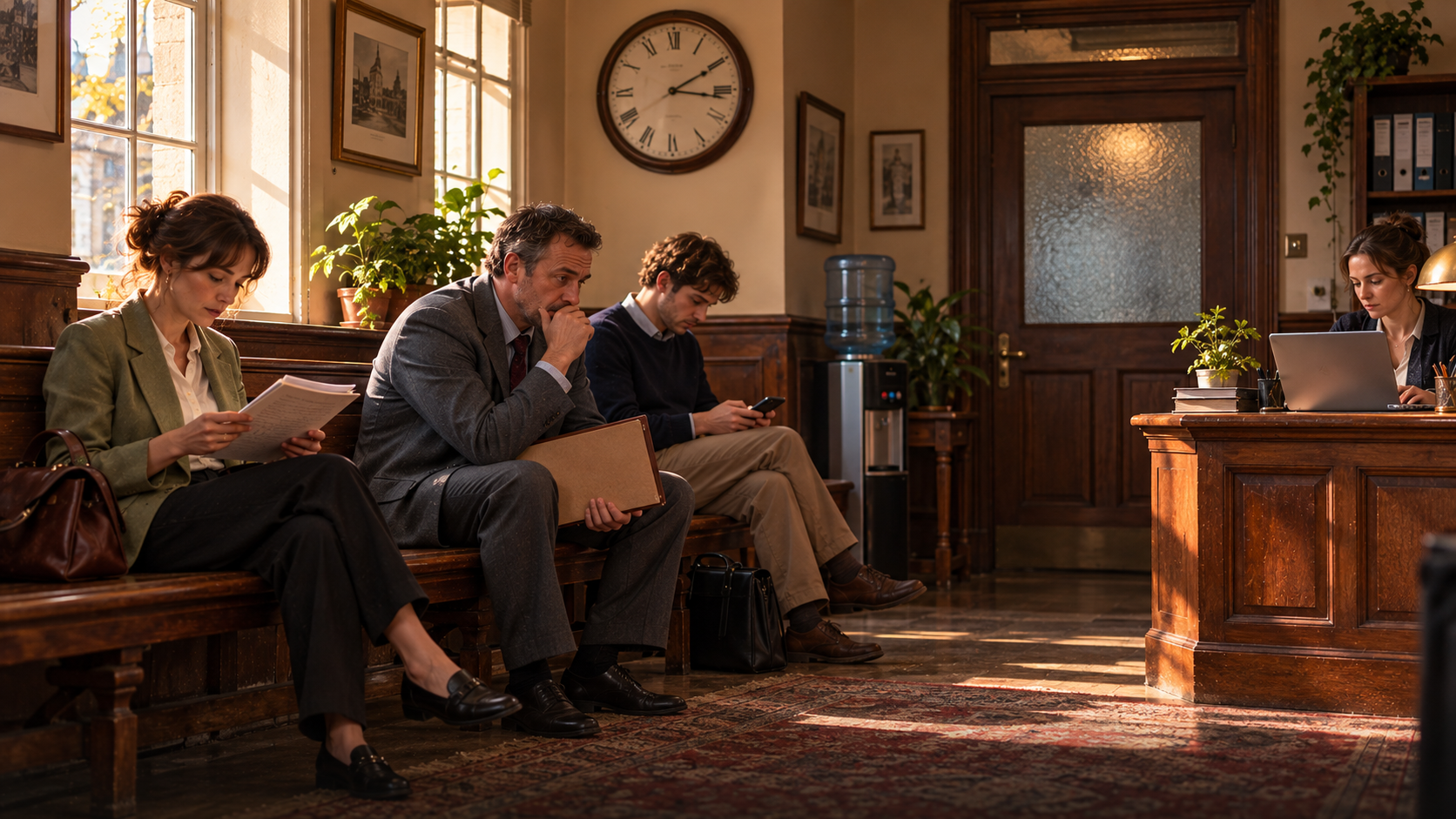 B1 Chapter 1 Lesson 3 speaking — the warm, sunny waiting room of an old company office: three candidates sit on a long wooden bench before job interviews — a young woman in a pistachio-green jacket reads her notes, a middle-aged man in a grey suit holds a folder on his knees and looks nervous, a young man in a sweater looks at his phone; a receptionist works on a laptop at a wooden desk with a plant, a water cooler and a big clock on the wall, a closed office door with a frosted glass window, warm golden afternoon light