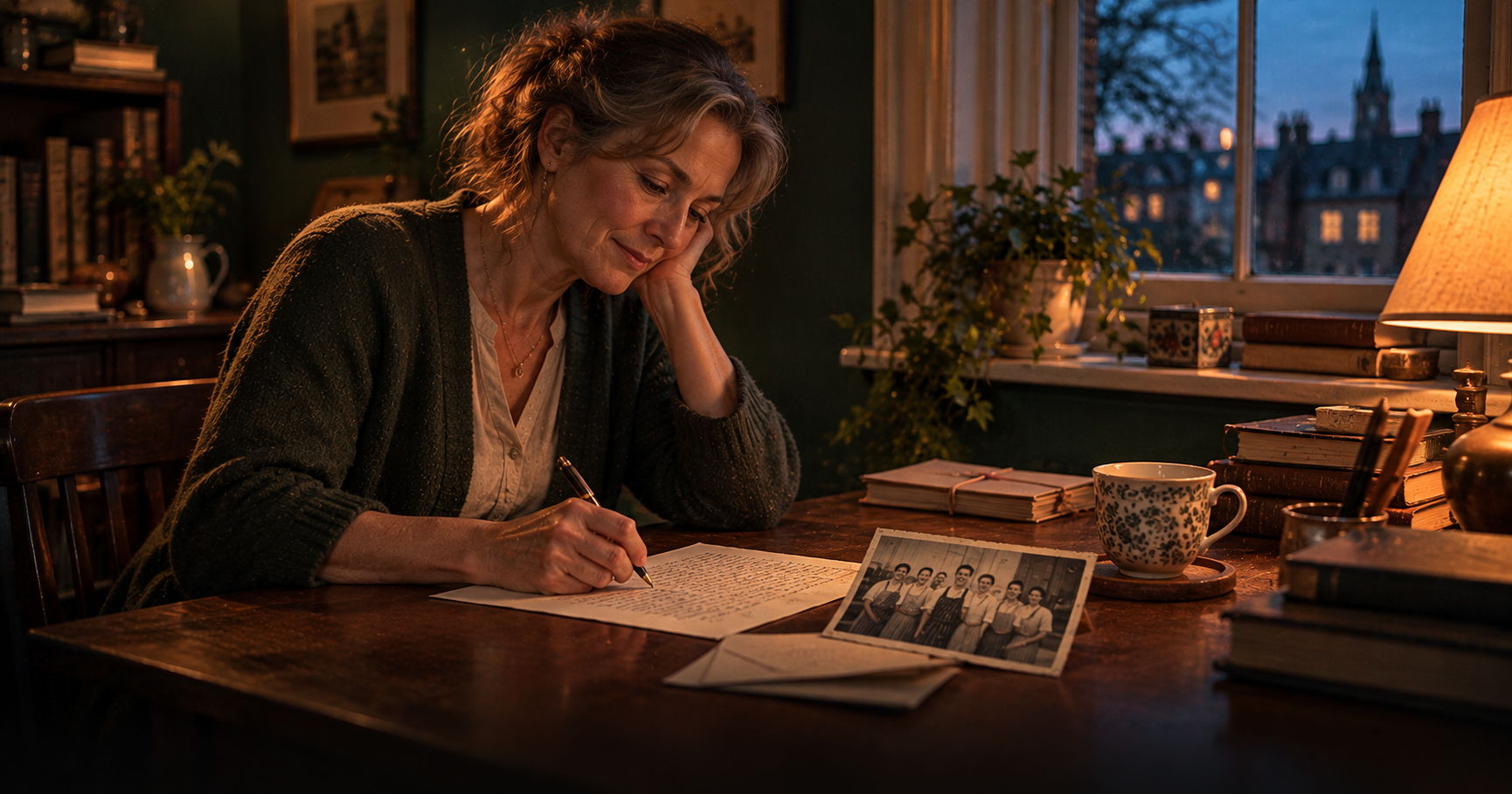 A woman in her fifties writes a long letter of advice to a young relative at a wooden desk by a window in the evening, an old staff photo from her first job and a cup of tea next to the letter, soft lamp light, dark green walls