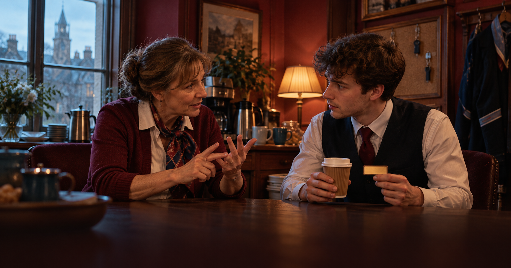 B1 Chapter 1 Lesson 4 Giving advice grammar — early morning in the staff room of an old hotel: an experienced receptionist in her fifties gives advice to a nervous young colleague on his first day, she counts points on her fingers, he holds a paper cup of coffee and a new name badge, warm lamp light against dark red walls