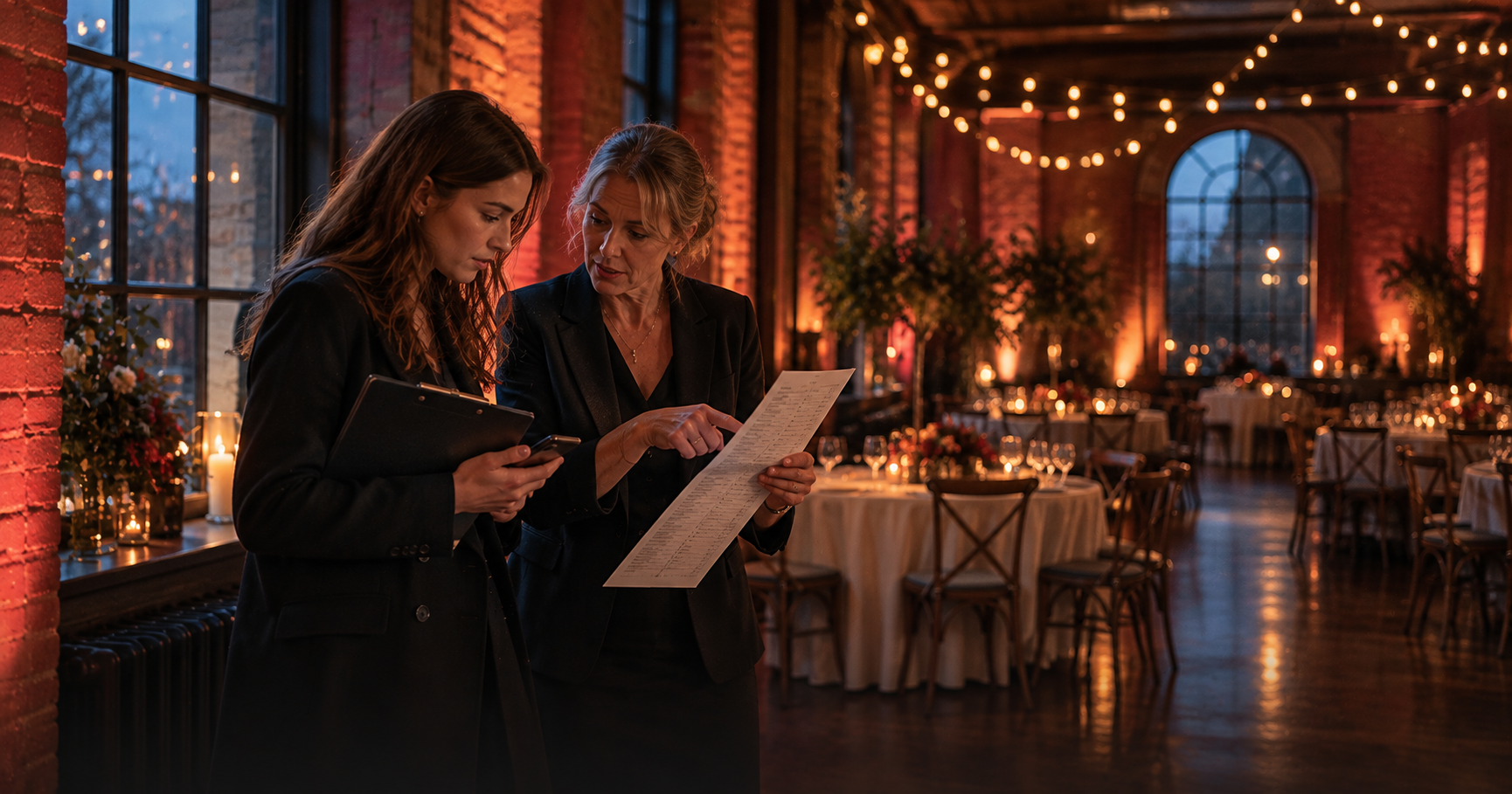 A young woman in a dark coat stands by the tall window of an old brick events hall late in the evening, holding a clipboard and a phone, while an older co-worker beside her points at a long list of guest names; rows of empty round tables with white cloths and warm string lights behind them
