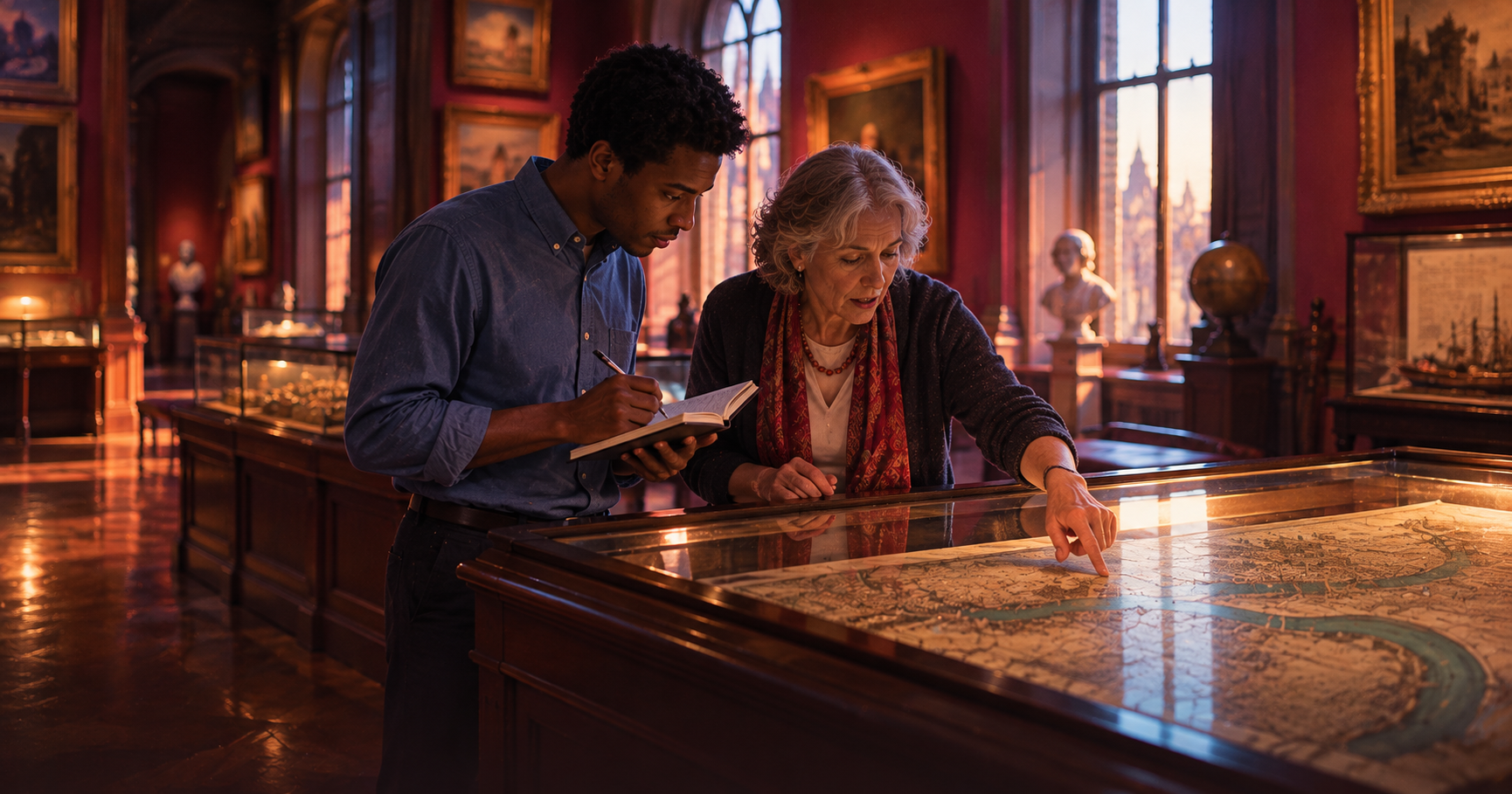 A young man in a neat blue shirt and an older woman with grey hair stand in a quiet hall of an old city museum early in the morning; he writes in a small notebook while she points to an old map of a river in a glass case, tall windows, wooden floor, soft warm light