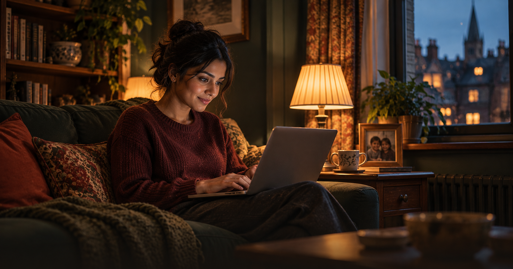 A young woman in her twenties sits on a sofa by the window in a small flat in the evening and types a long message of advice on her laptop for her younger brother, a framed family photo and a cup of tea on the side table, soft lamp light, dark green walls