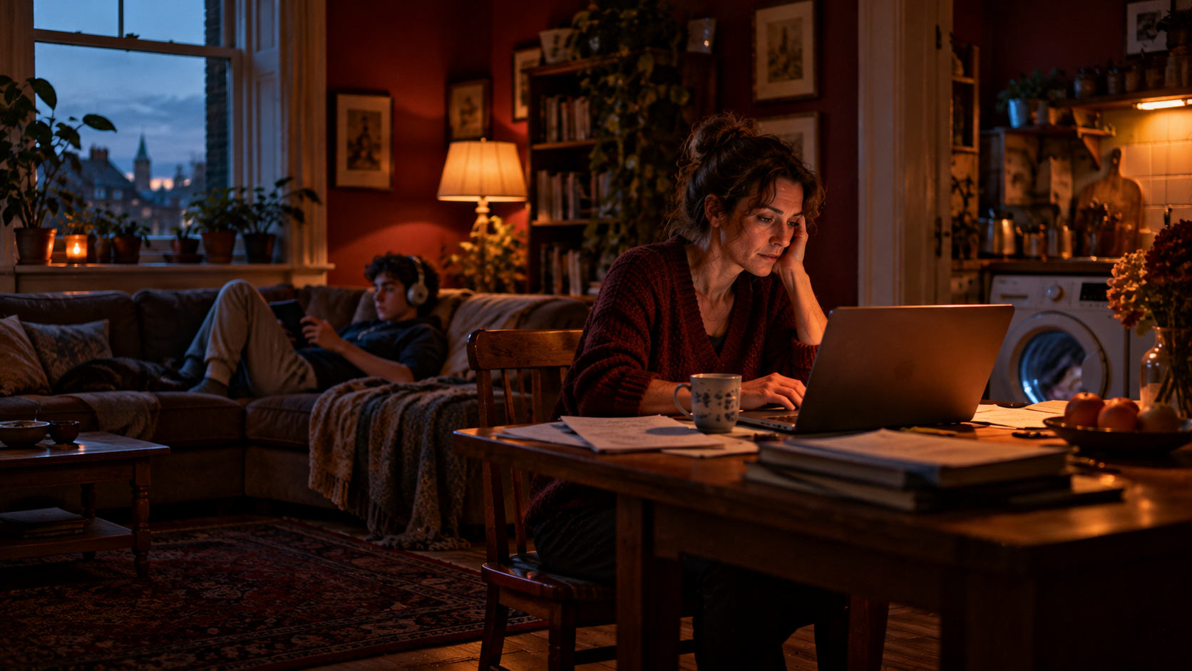 B1 Chapter 1 Lesson 5 Working from home grammar — a small flat in the evening: a woman in her thirties works on a laptop at the kitchen table while her teenage son lies on the sofa behind her with headphones, a washing machine is running, a pile of papers and a cup of coffee next to the laptop, warm lamp light against dark red walls, cool blue light from the window