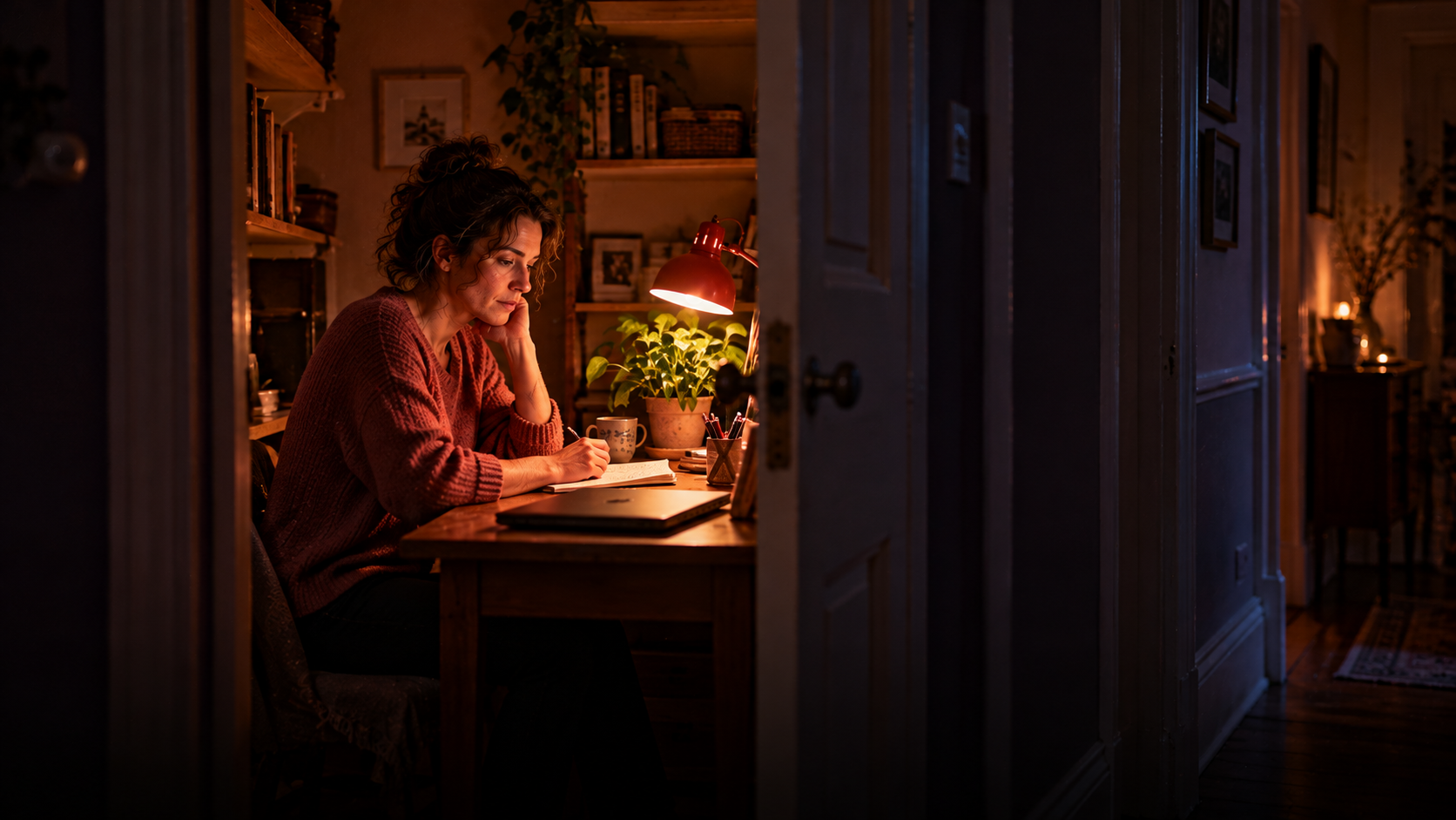 Evening in a small old flat: a woman in her thirties in a soft sweater sits at a narrow desk in a tiny former storage room turned into a home office — a desk lamp, one green plant, a laptop and a notebook; the door of the little room is half open onto a dark hallway, warm lamp light inside, cool blue shadows outside