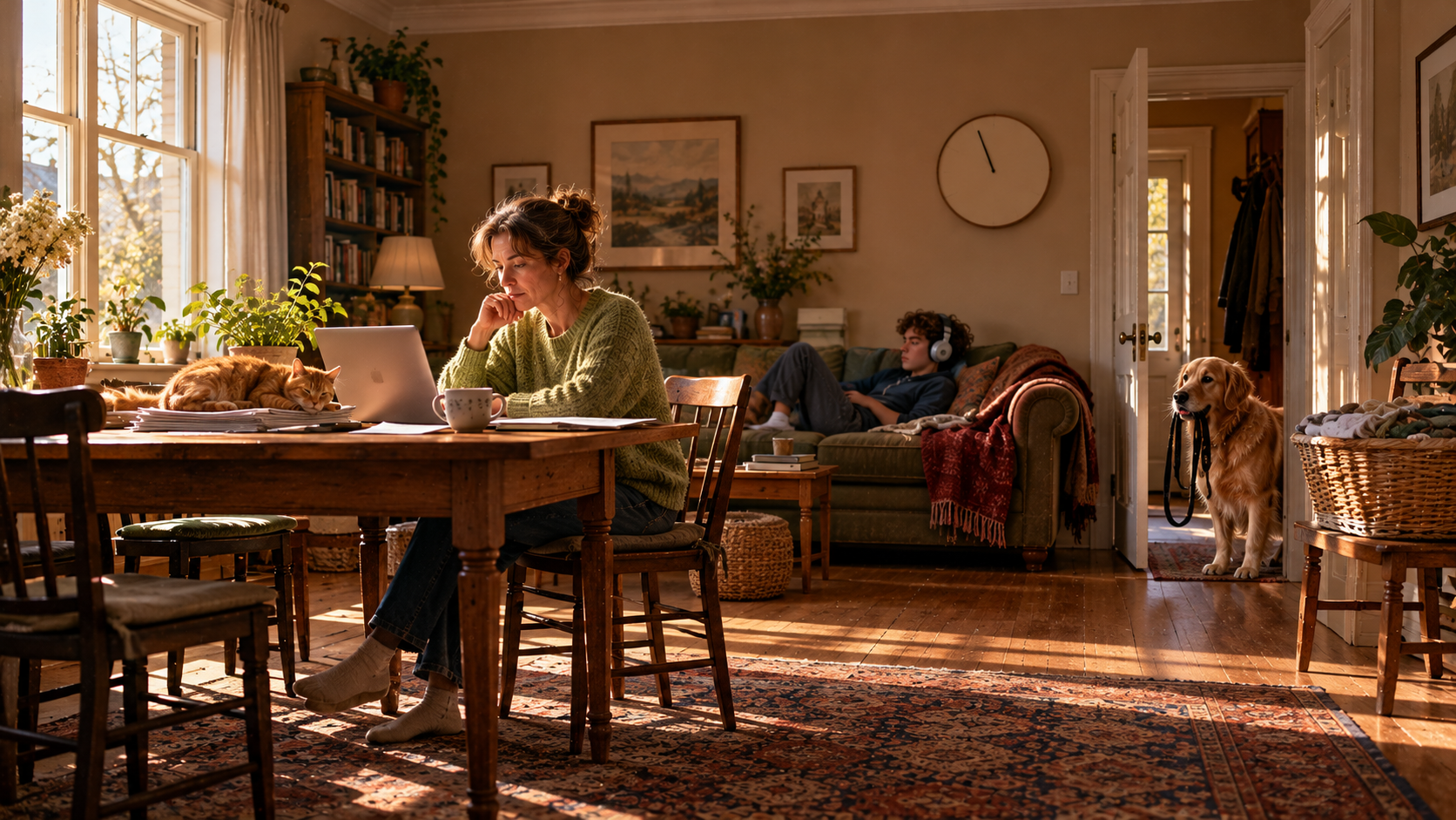 B1 Chapter 1 Lesson 5 speaking — a sunny living room in an old house in the late morning: a woman in a pistachio-green sweater works from home at a wooden table by a big window, with a laptop, a pile of papers, a cup of coffee and a plant on the table and a ginger cat asleep on her papers; behind her a teenage boy lies on the sofa with big headphones, a dog waits at the door with its lead in its mouth, a basket of laundry stands on a chair and a round clock on the wall shows eleven o'clock, warm golden light