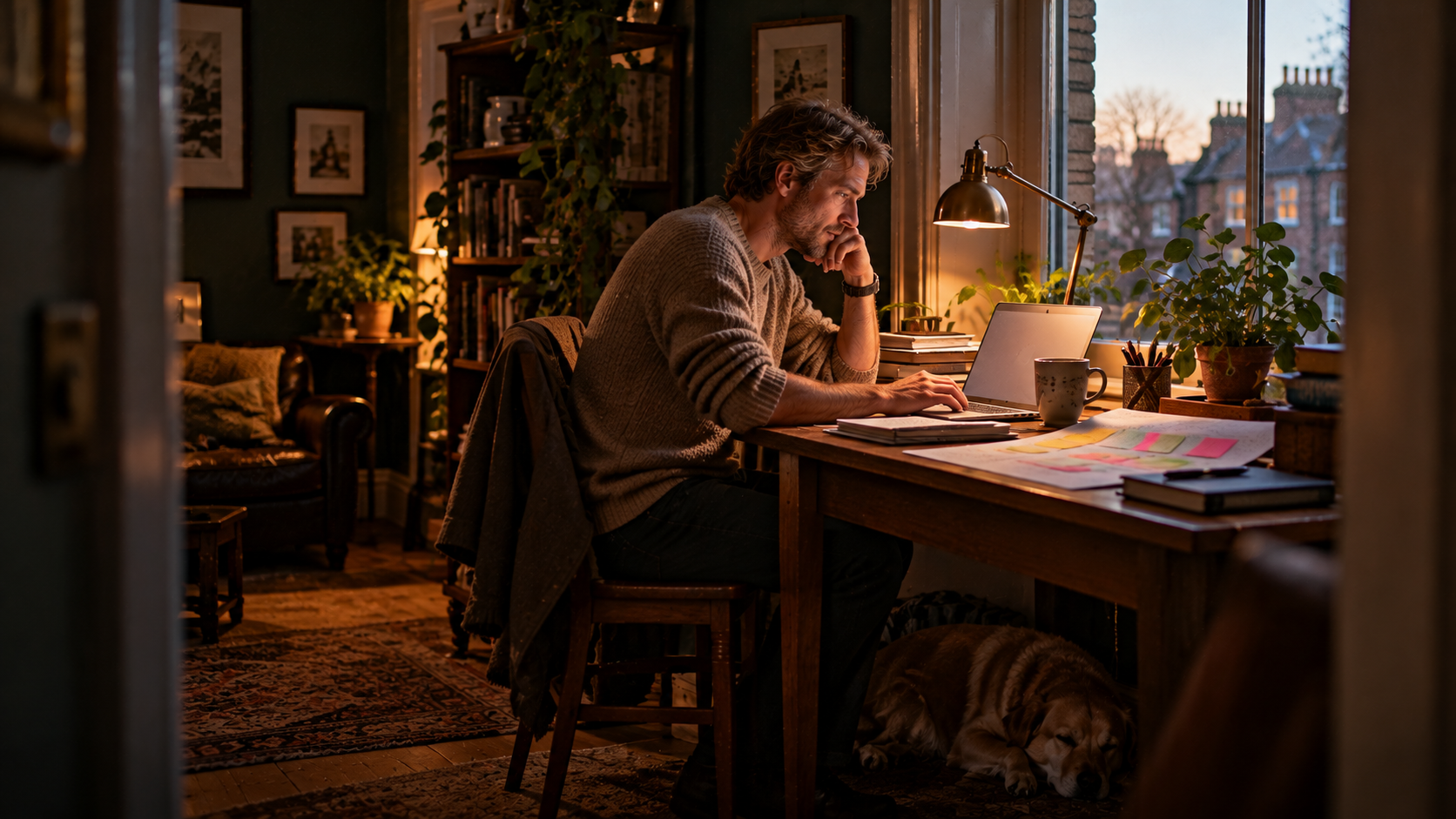 Late afternoon in a small flat: a man in his forties writes a long email to his team on a laptop at a narrow desk by the window, a printed project plan with coloured sticky notes and a mug of tea next to him, his dog asleep under the desk, soft lamp light, dark green walls