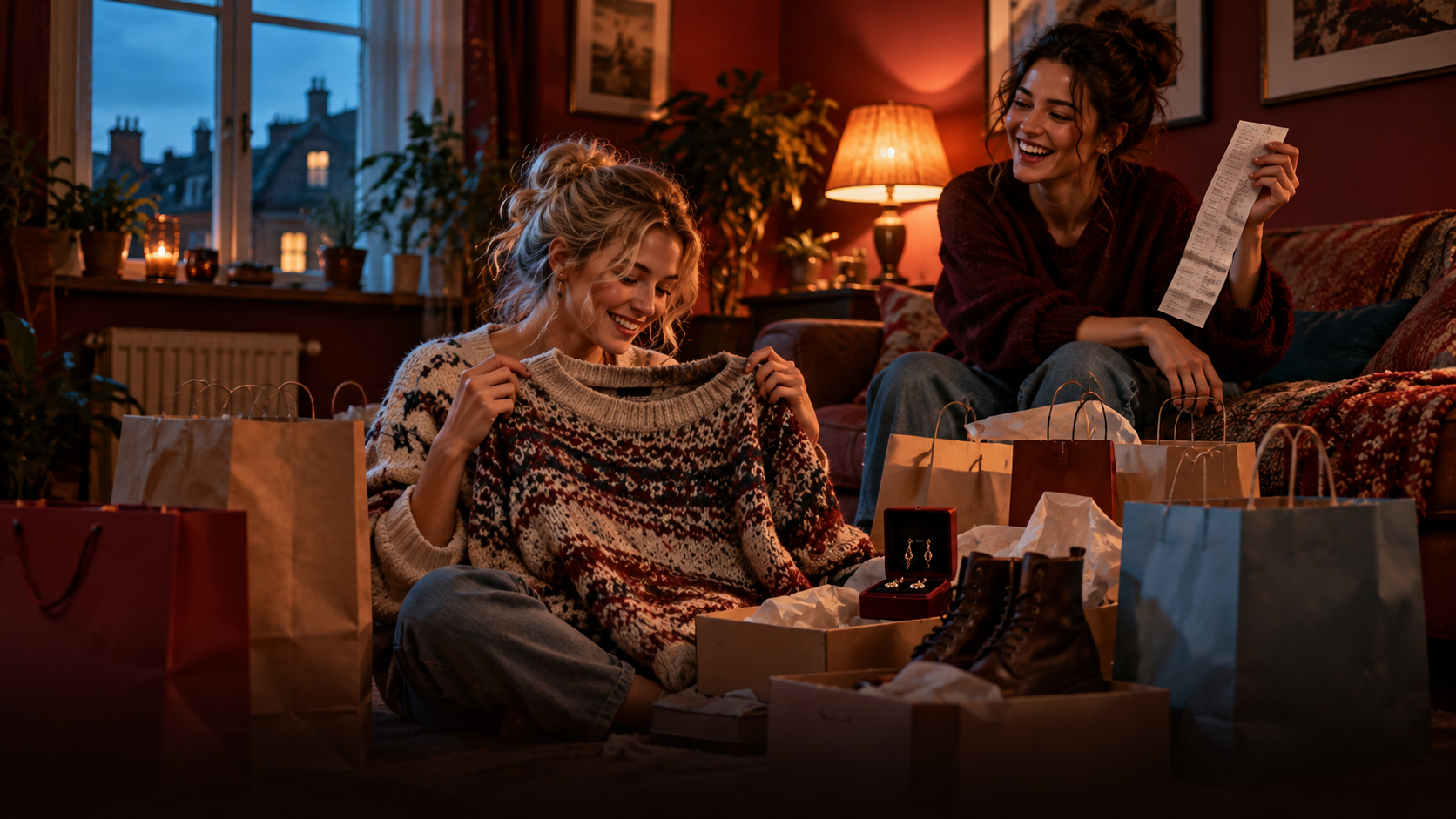 B1 Chapter 2 Lesson 1 Going shopping grammar — a Sunday evening in a small flat: a young woman sits on the floor among shopping bags and takes out a new jumper, a pair of boots and a box of earrings, while her flatmate on the sofa holds up a receipt and laughs; warm lamp light against dark red walls, cool blue light from the window