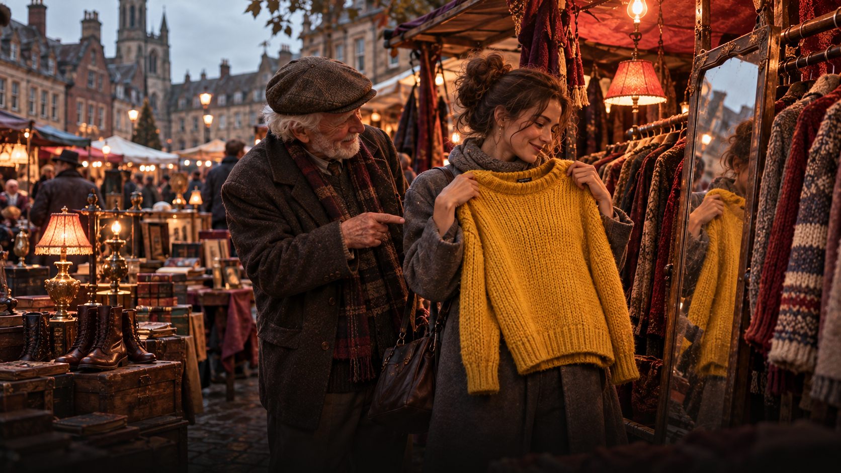 A busy street market in an old town square on a Saturday morning: a young woman in grey clothes holds a bright yellow knitted jumper against herself in front of a small mirror at a clothes stall, while her white-haired grandfather in a flat cap smiles and points at it; stalls with old books, lamps and boots behind them, warm light and soft blue shadows