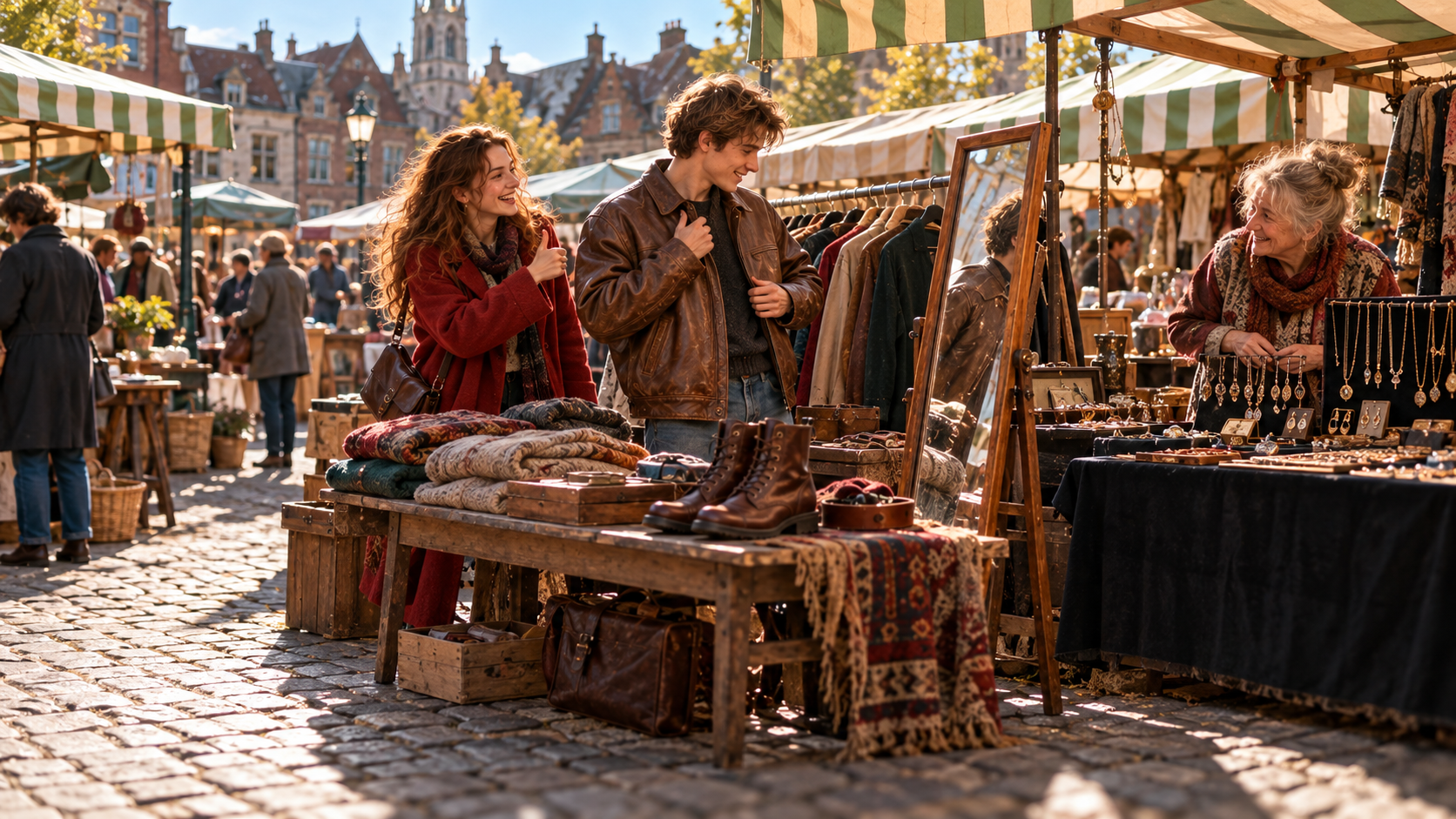 B1 Chapter 2 Lesson 1 speaking — a sunny Saturday morning at a street market in an old town square: a young man tries on a brown leather jacket in front of a small standing mirror at a clothes stall, his friend, a young woman in a red coat, laughs and gives him a thumbs up; on the table in front of them lie folded jumpers and a pair of boots; on the next stall an older woman sells jewellery — earrings, rings and necklaces; striped awnings, old houses and other shoppers in the background, warm golden light