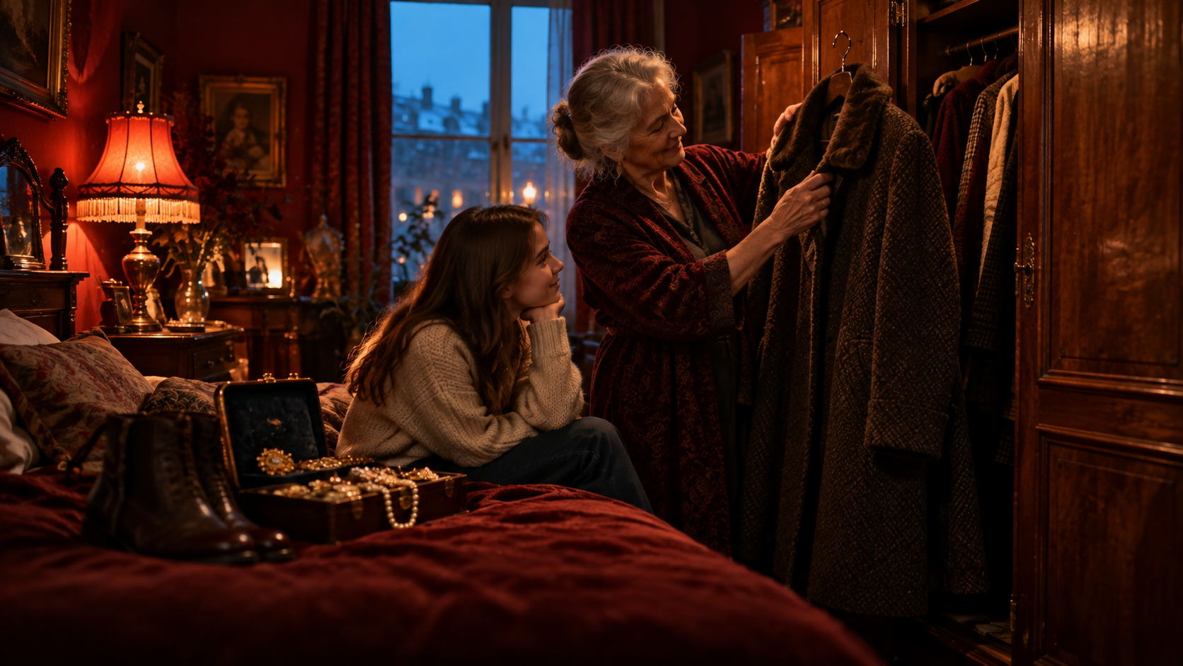 B1 Chapter 2 Lesson 2 Describing things you bought grammar — an evening in an old flat: a grandmother opens a big wooden wardrobe and shows her granddaughter a thick winter coat she bought forty years ago, an old box of gold jewellery and a pair of old leather boots on the bed beside them; warm lamp light against dark red walls, cool blue light from the window