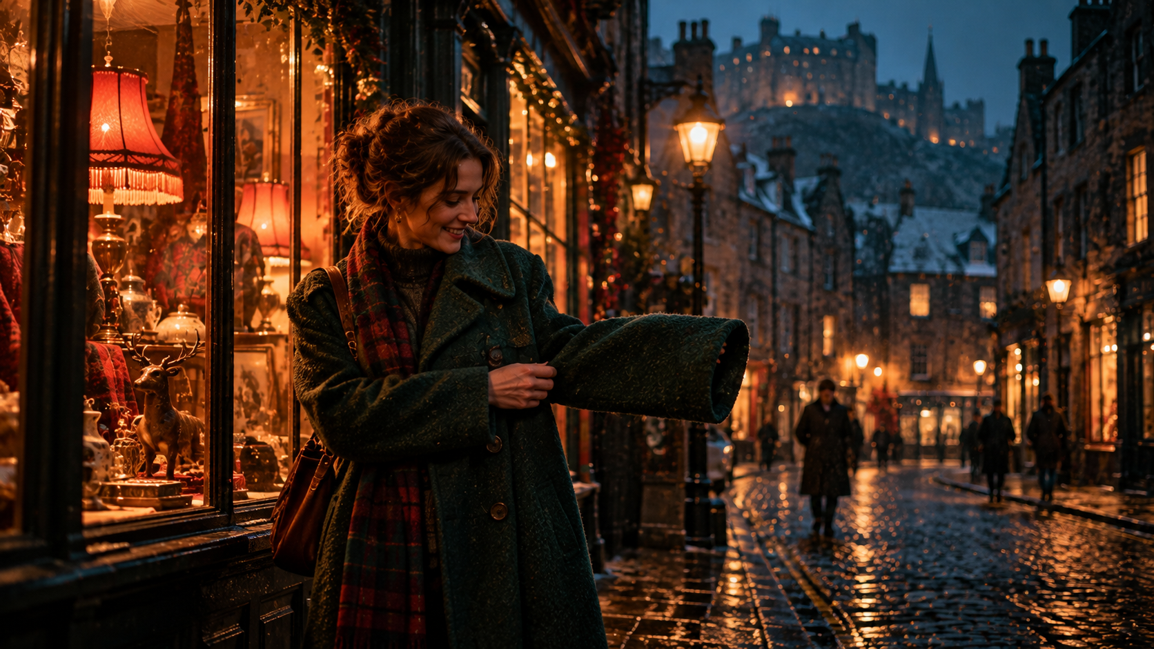 A woman in her thirties in an old dark green wool coat with big buttons stands in a narrow Edinburgh street on a cold winter evening and laughs, holding the long sleeve of the coat up to show it; warm light from a shop window behind her, old stone houses and wet cobblestones