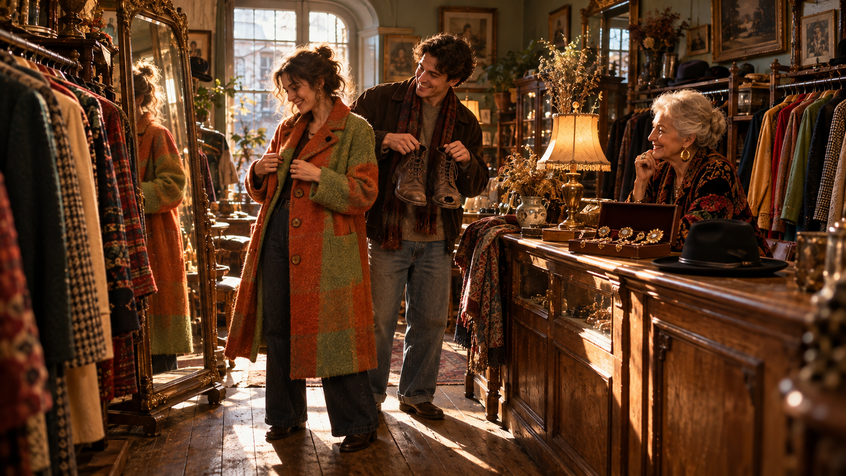 B1 Chapter 2 Lesson 2 speaking — a small second-hand clothes shop in an old building on a sunny Saturday: a young woman tries on a long thick wool coat in bright colours, orange and green with big buttons, in front of a tall mirror; her friend, a young man, holds up a pair of old brown leather boots with a hole in one of them; behind a wooden counter an older woman, the shop owner, with big gold earrings and gold rings, smiles at the young woman; on the counter — a box of old gold jewellery, a smart black hat and an old lamp; rails of second-hand clothes on both sides