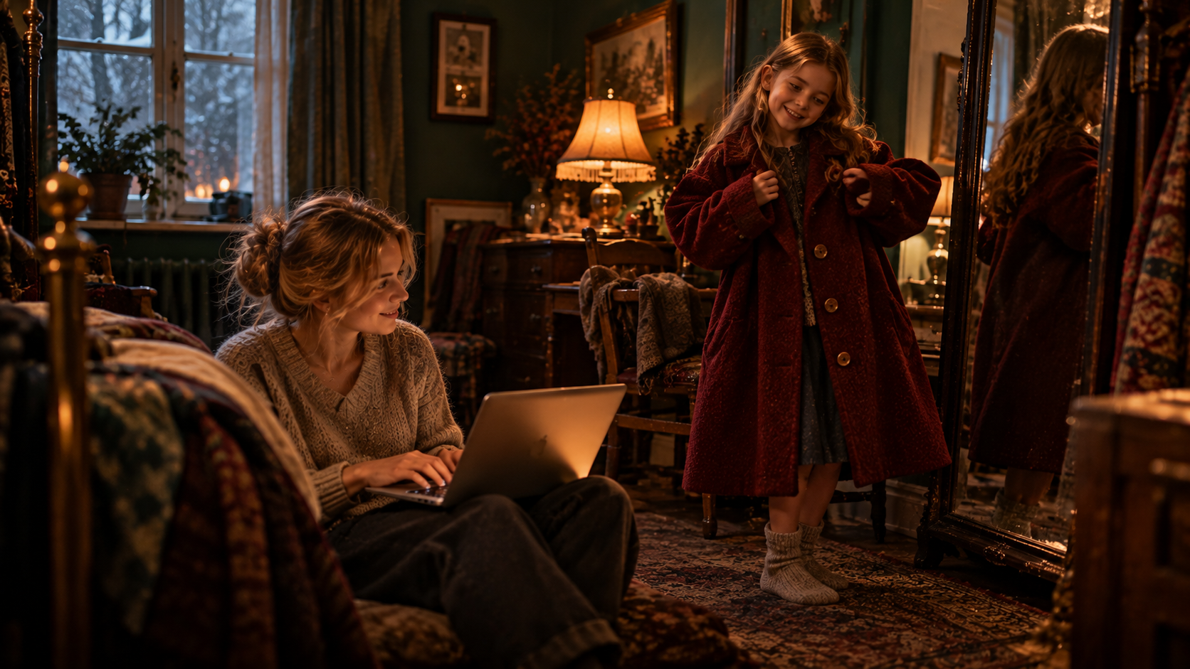 A young woman in her twenties sits on the floor of a small flat on a winter afternoon and types a post on her laptop; next to her lies an old dark red wool coat with big wooden buttons, now too small, and her little sister tries it on in front of a mirror and laughs; soft lamp light, dark green walls