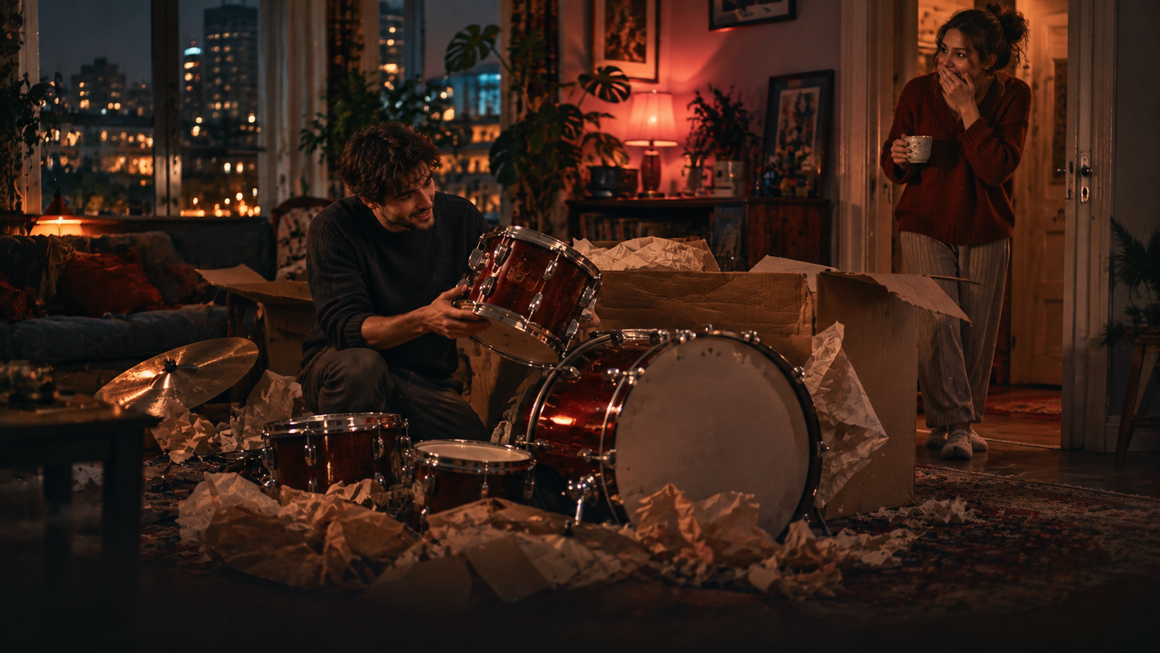 Late evening in a small city flat: a young man kneels on the floor next to a huge open cardboard box with a shiny drum kit half unpacked, his friend, a young woman with a cup of tea, stands in the doorway and covers her mouth, trying not to laugh; packing paper everywhere, a lamp and city lights in the window