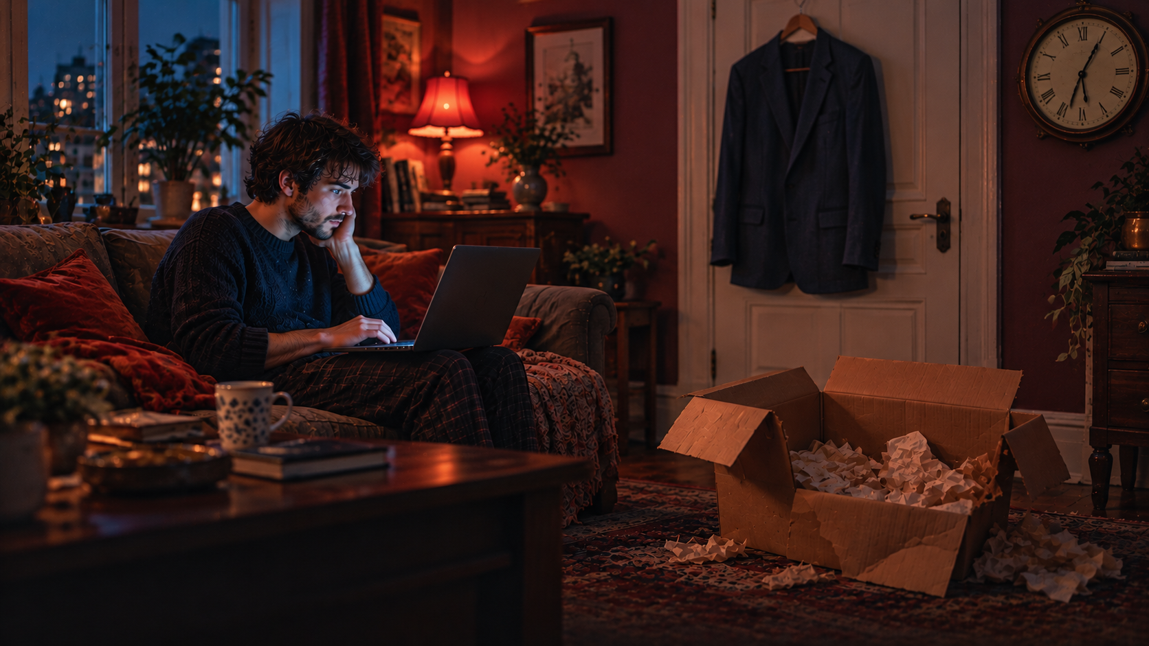 Night in a small old flat: a young man with a beard sits on a sofa in the blue light of his laptop at half past one, an old clock on the wall; on the screen — a green velvet jacket; on the floor next to him an open cardboard box with crumpled paper and nothing inside, an old blue suit on a hanger on the door; warm coral light from a small lamp and deep plum shadows