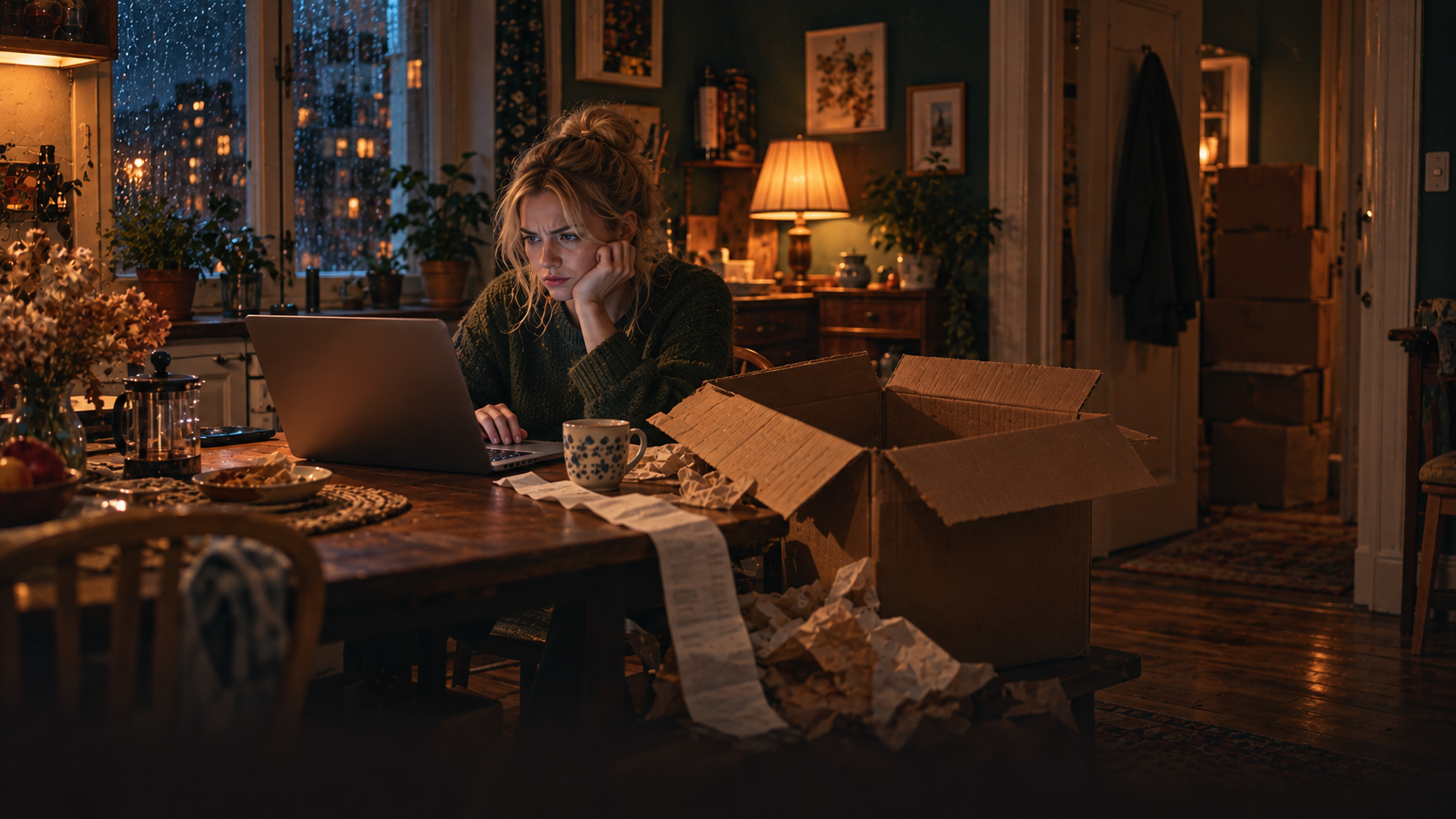 A rainy evening in a small flat: a young woman sits at the kitchen table and writes a long angry-but-polite email on her laptop, next to her an open cardboard box with nothing inside, a long paper receipt and a cup of cold tea; a pile of flat cardboard boxes by the door; soft lamp light in sand-gold tones, deep dark-green walls