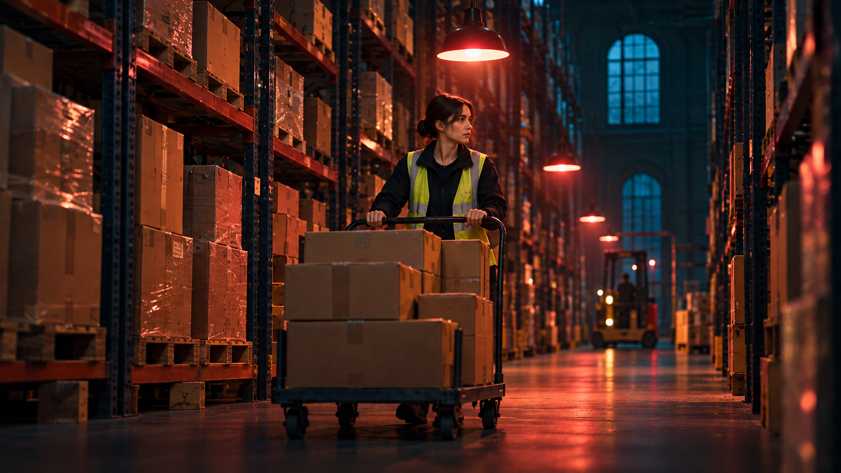 A young woman in a dark work jacket and a high-visibility vest walks between tall shelves in a huge old warehouse at night, pushing a trolley full of brown cardboard parcels; long rows of boxes disappear into the dark, warm light from a hanging lamp above her and cold blue light from high windows