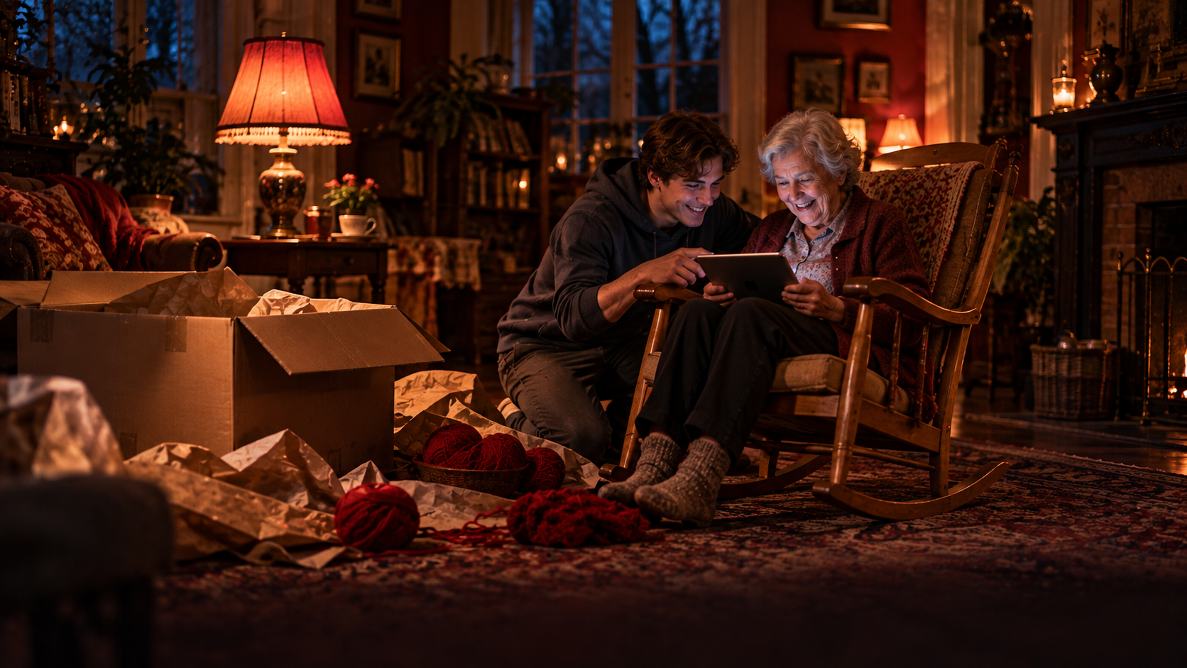 Evening in an old-fashioned living room: a grey-haired woman of about eighty sits in a new wooden rocking chair with a tablet on her knees and laughs; her grandson, a young man in a hoodie, kneels next to the chair and points at the screen; a big open cardboard box, brown paper and balls of bright wool on the carpet; warm coral light from a standard lamp and deep plum shadows