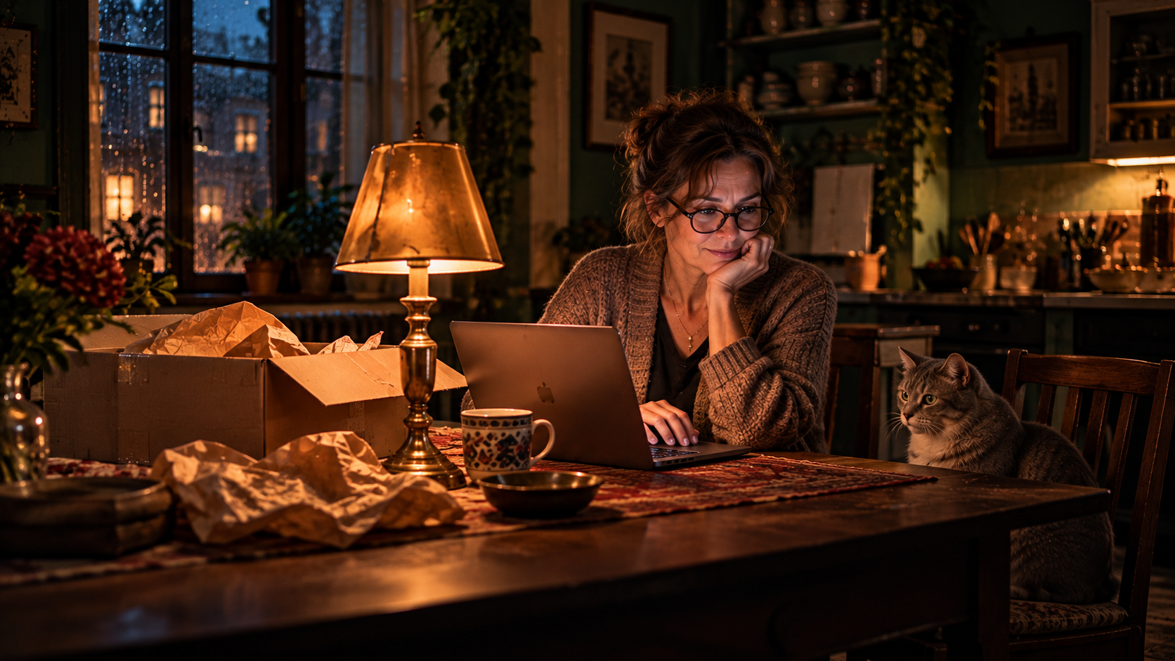 A woman in her fifties sits at a kitchen table in an old flat on a rainy evening and types a review on her laptop; in front of her stands a brass table lamp with a small dent in its shade, an open cardboard box and crumpled brown paper; her cat sits on the chair next to her; warm lamp light, dark green walls