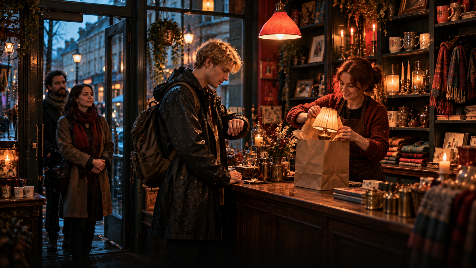 Late afternoon in a small gift shop on an old street: a young man in a raincoat with a backpack waits at the wooden counter and looks at his watch, a shop assistant with red hair puts a small lamp into a paper gift bag; shelves with candles, cups and scarves behind her, a queue of two people by the door, warm lamp light and the blue street outside the window