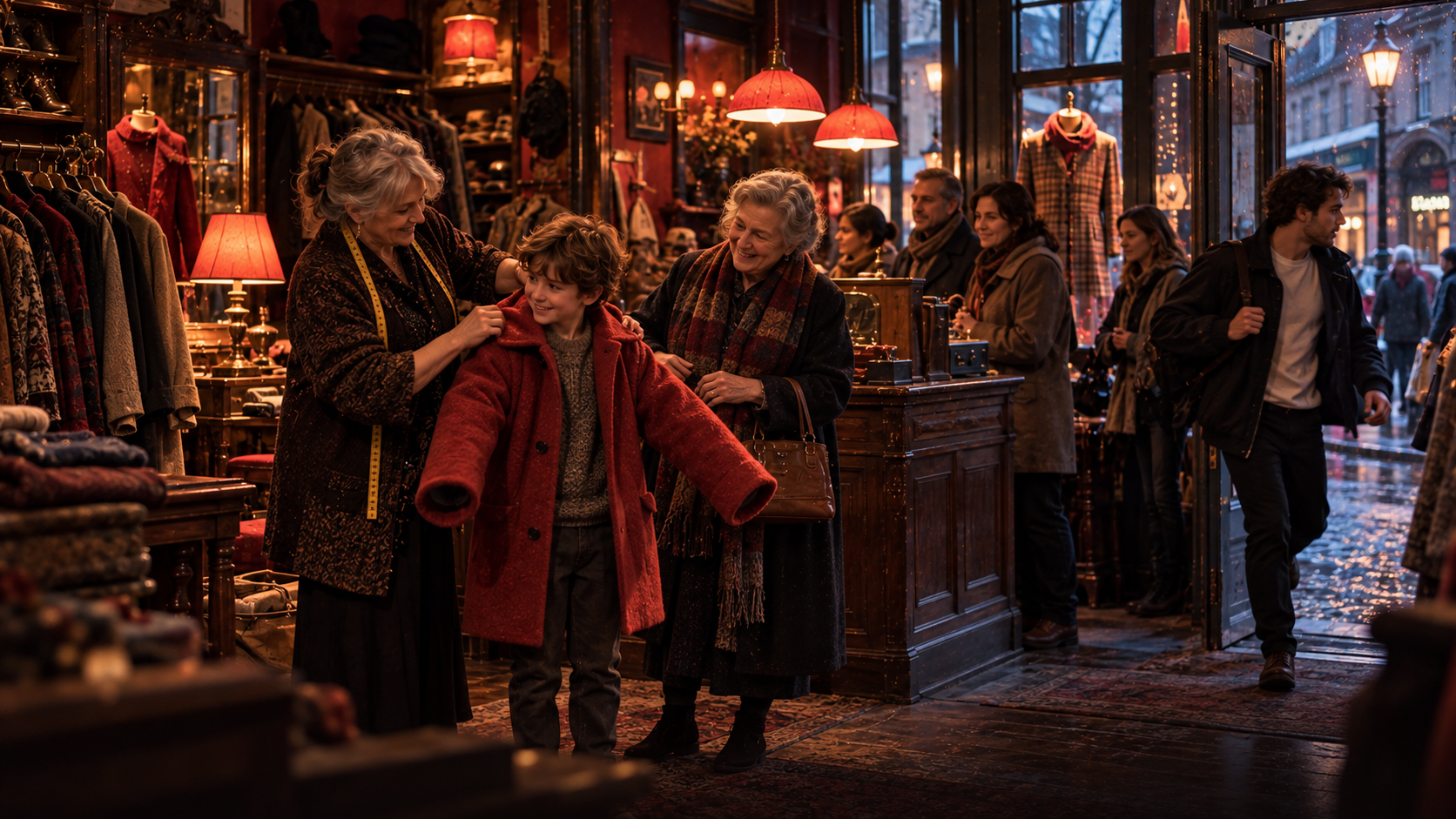 A small old clothes shop on a narrow street on a busy Saturday: a grey-haired woman of about sixty with a measuring tape round her neck helps a nine-year-old boy into a red winter coat with long sleeves, his grandmother watches and smiles; behind them a short queue by the wooden till, a young man in a dark jacket and a plain white shirt hurries out of the door; a coat on display in the window; warm coral light from old lamps and deep plum shadows