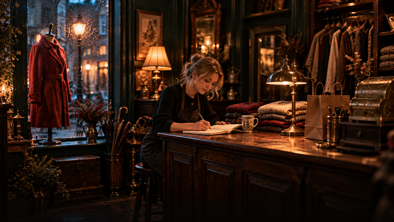 A rainy evening in a small old shop: a young woman sits on a high stool behind the wooden counter and writes in a thick notebook; beside her a pile of plain folded jumpers, a few paper gift bags and an old brass till; a red coat on display on a mannequin by the window, rain on the glass; soft lamp light in sand-gold tones, deep dark-green walls
