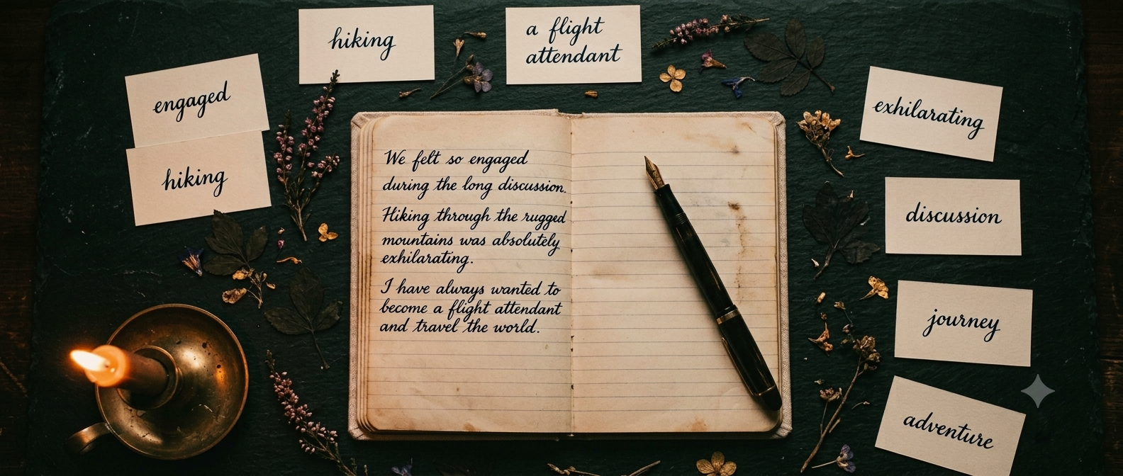 B2 Lesson 1 Writing — a hand writing in a notebook beside vocabulary cards and a candle