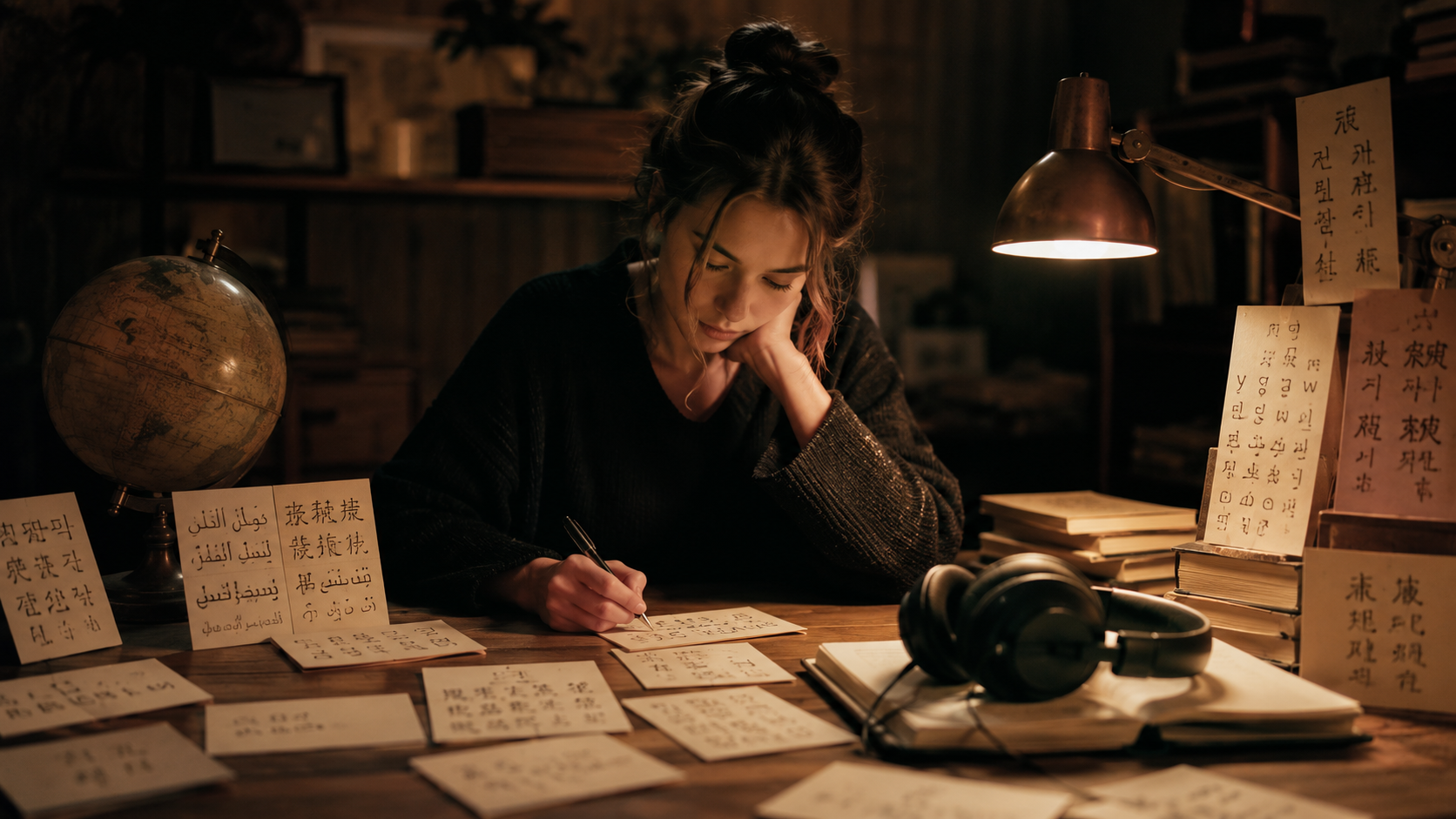 Editorial photo of a young woman at a warm-lit wooden desk covered with language flashcards, a small globe and headphones — B2 Lesson 2 Speaking, language learning and hyperpolyglots