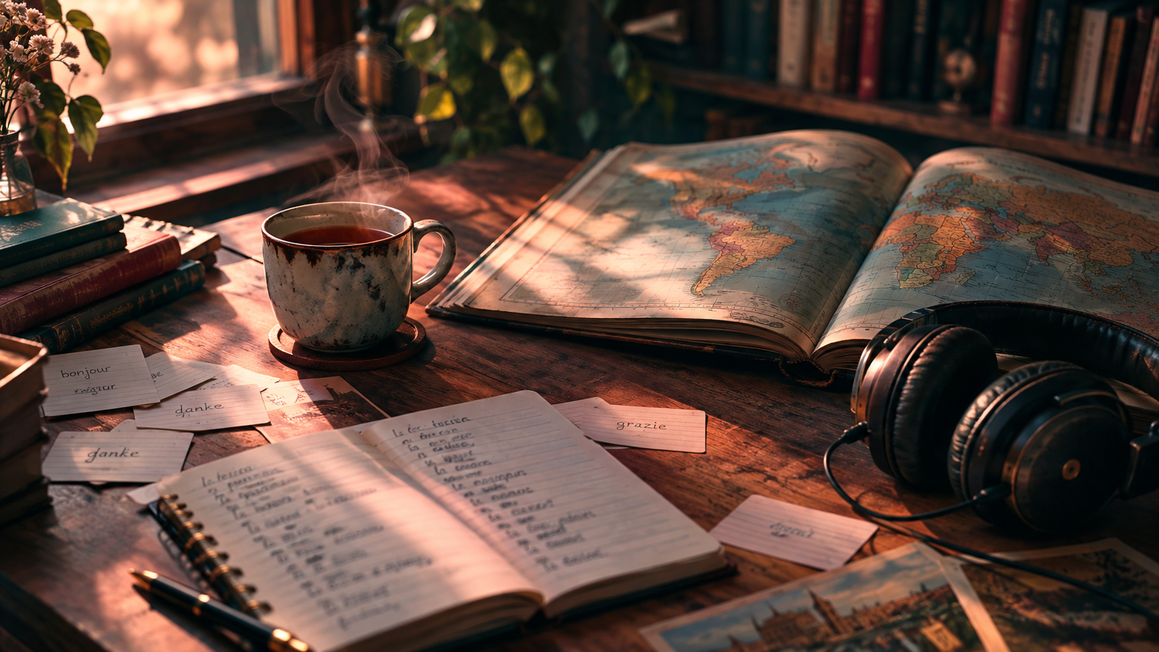 B2 Lesson 3 Learning Languages listening — notebook with language flashcards and a world map on a warm-lit desk