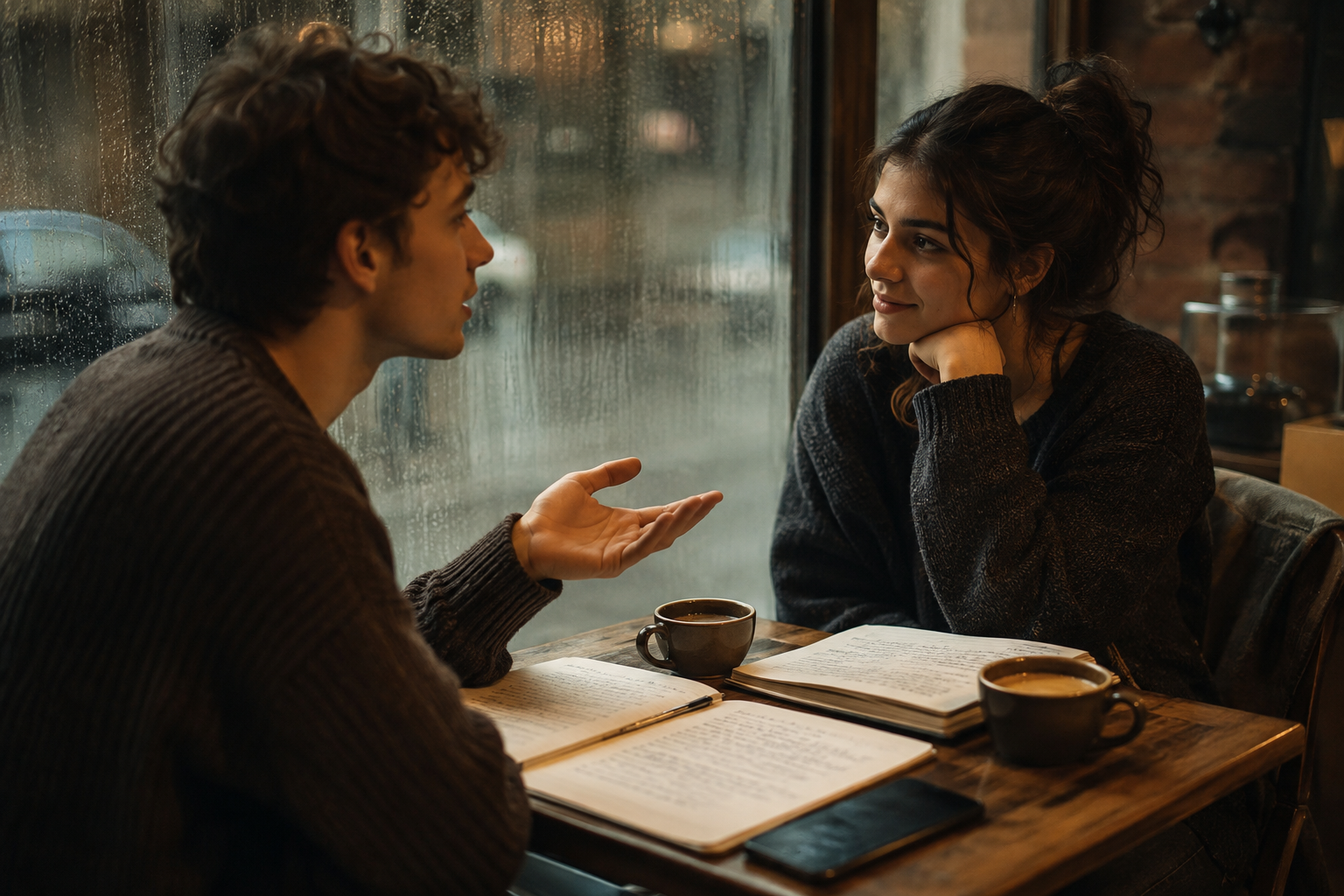 Editorial photo of two language learners talking closely across a café table, one gesturing mid-sentence, notebooks and coffee cups between them — B2 Lesson 3 Speaking, accents and fluency