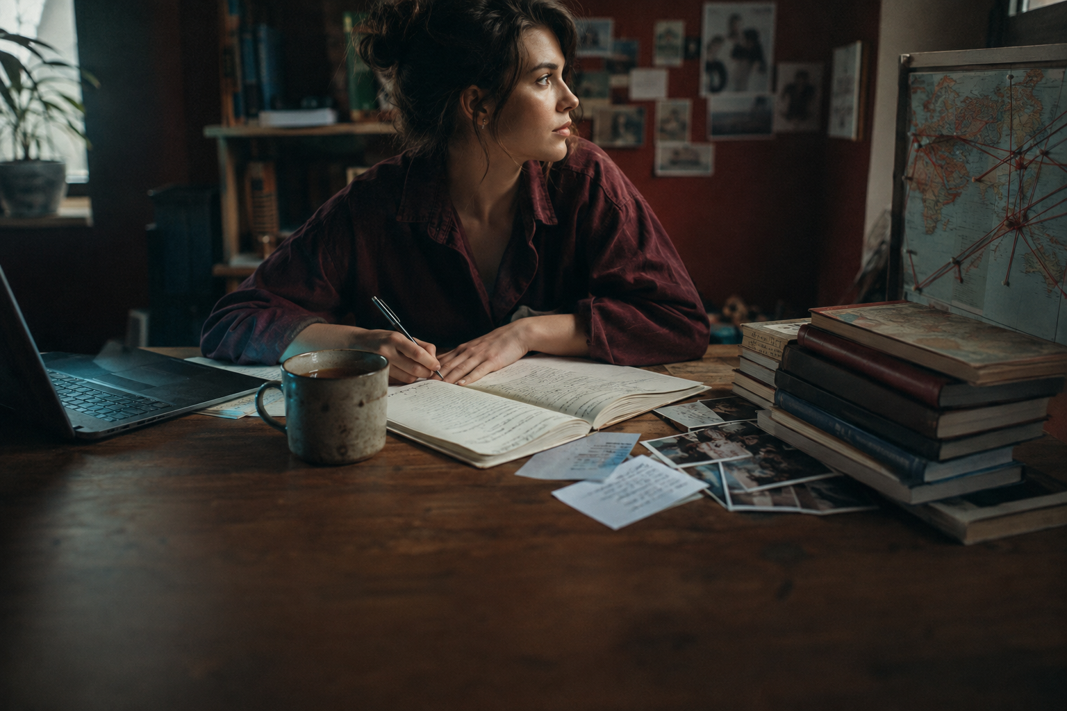 B2 Lesson 4 Grammar — editorial cinematic photo of a researcher surrounded by notes on languages and hyperpolyglots, in the maroon and cyan tones of the lesson design