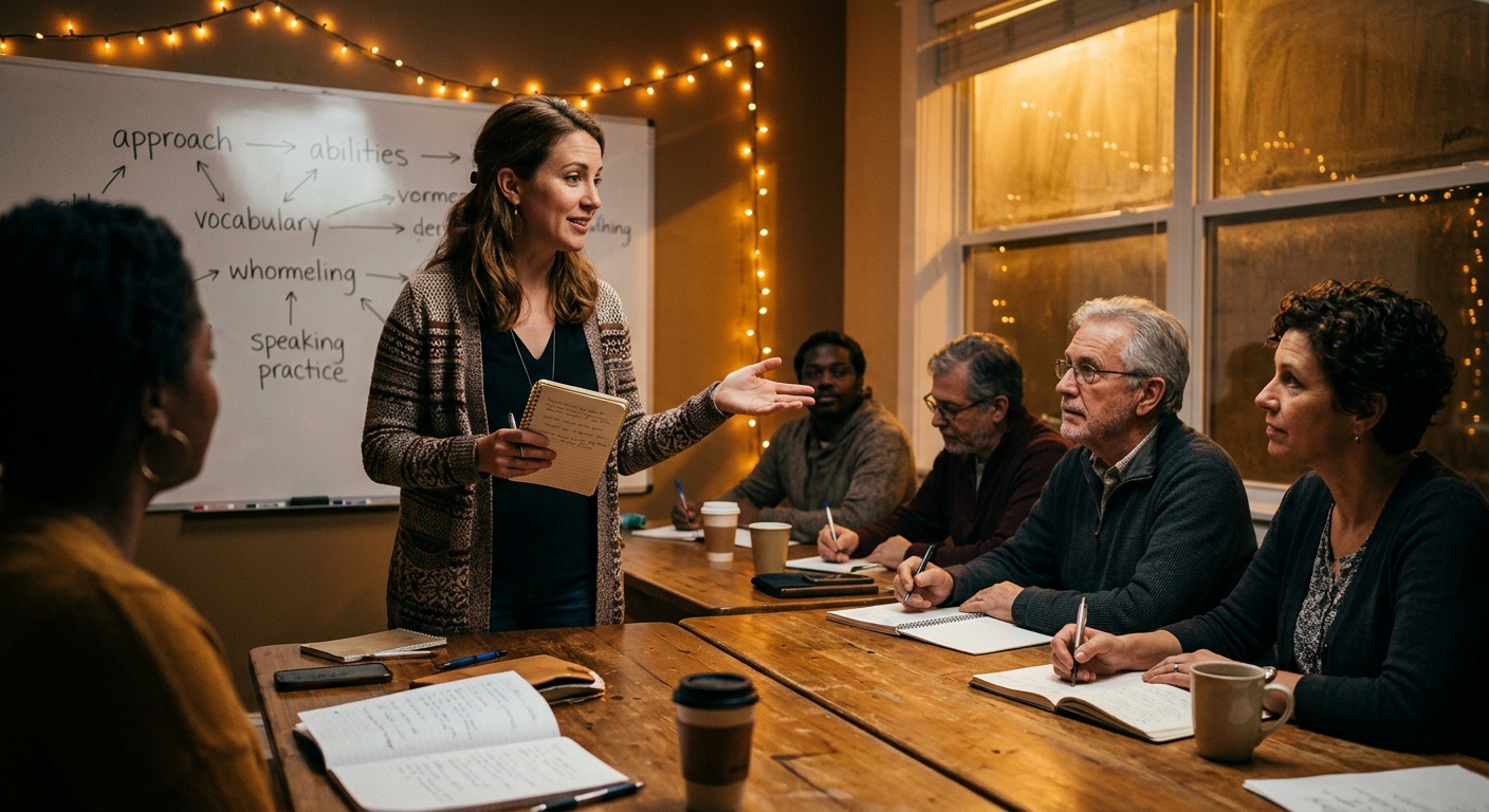 Editorial cinematic photo of adults on their first evening class, listening and taking notes as a teacher explains her approach at the board — B2 Lesson 4 Speaking, first class and abilities