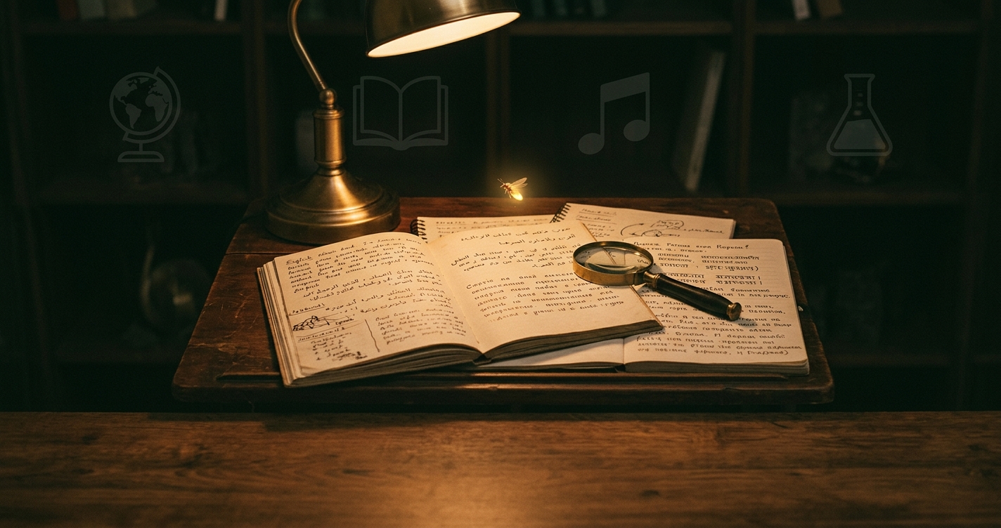 B2 Lesson 4 Writing — a self-taught student's small desk covered in notebooks for several subjects, a tiny glowing spark of curiosity above the lamp, and a researcher's notes and magnifying glass close by, in warm gold and deep green tones