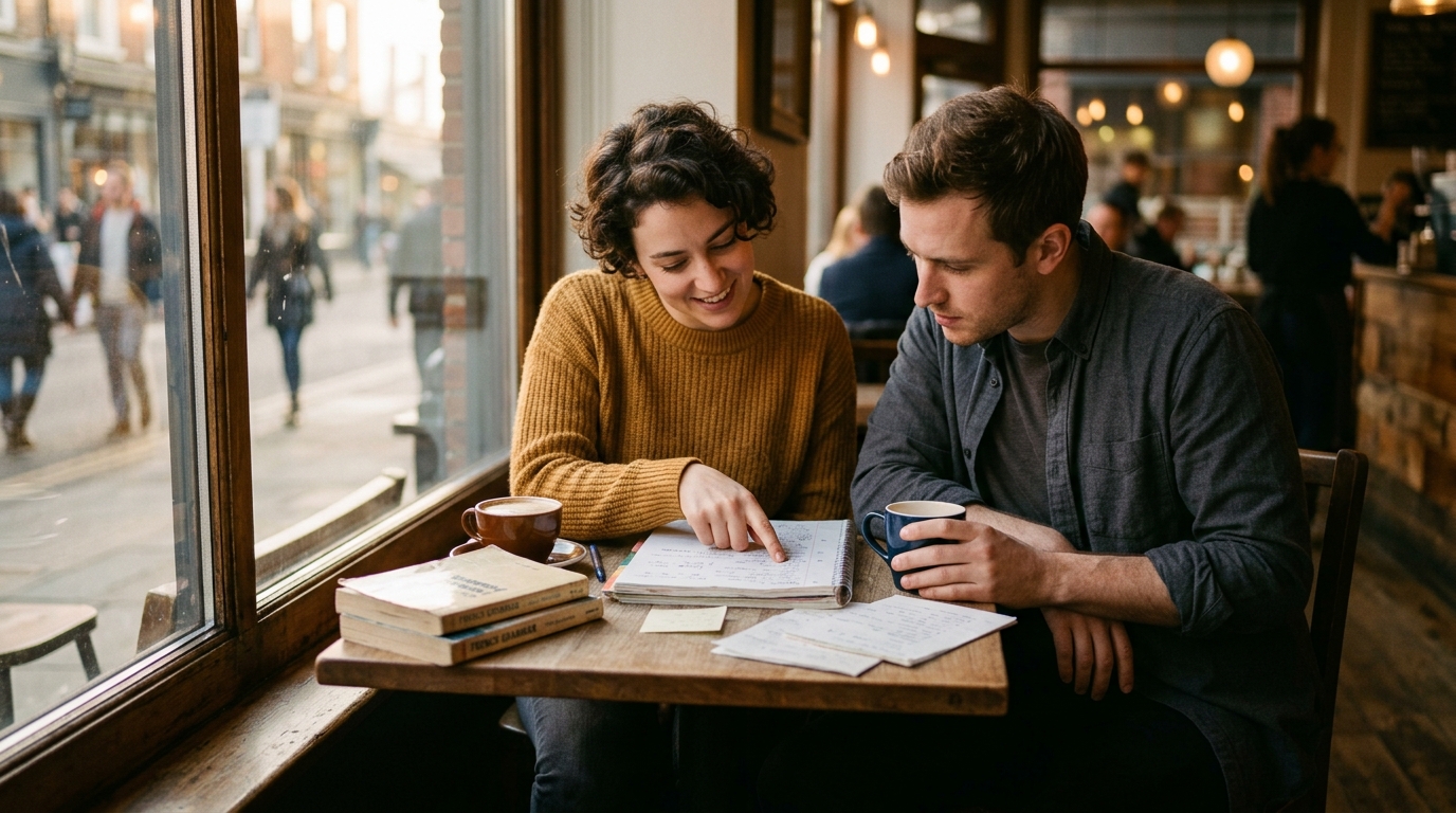 Editorial cinematic photo of two adult language learners becoming study buddies at a café table, notebooks and coffee between them, one pointing something out to the other — B2 Lesson 5 Speaking, study buddies and advice for language learners