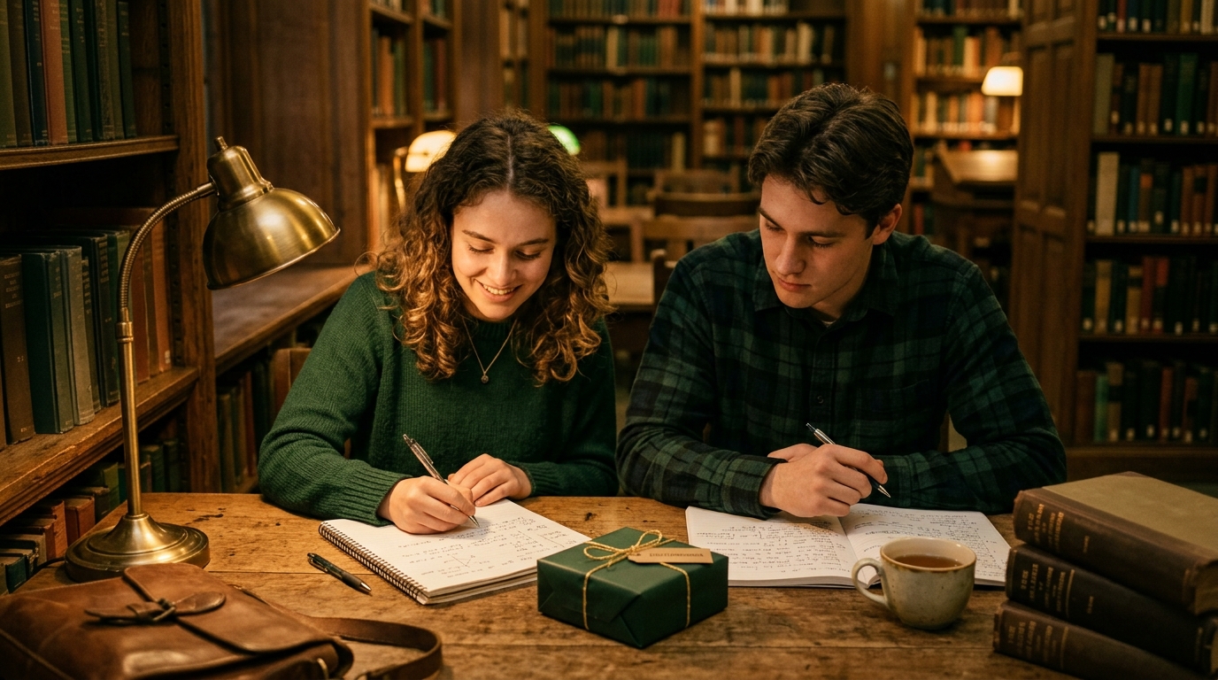 B2 Lesson 5 Writing — two study buddies at a shared desk comparing notebooks in different languages, a small gift-wrapped dictionary between them, warm gold lamplight against deep green tones
